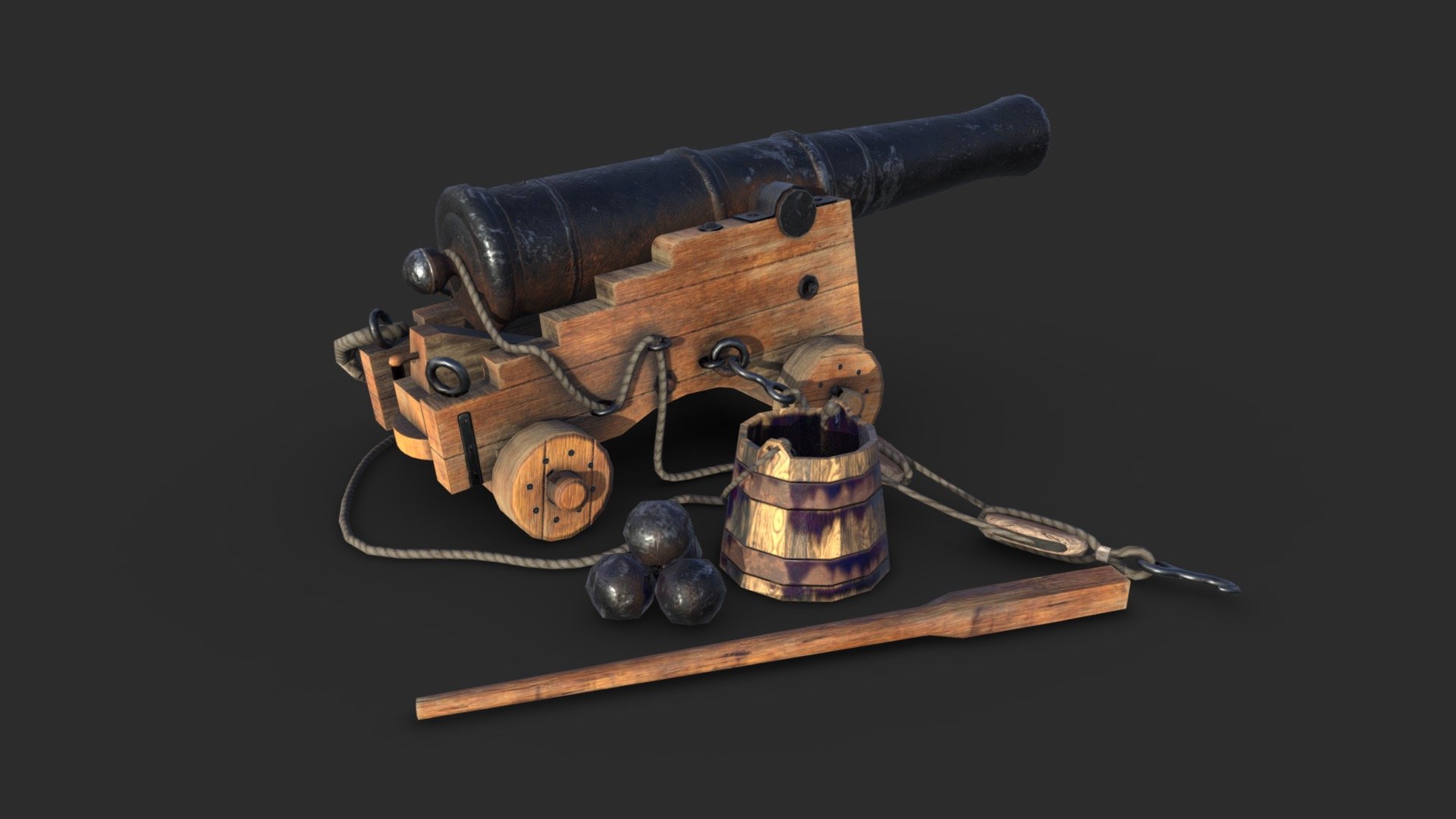 This vintage 36 pounder naval cannon assets pack including 4 individual objects with 3 LODs and collision boxes and 3 color variants to get the best optimization and the best quality for the most popular game engines. All elements can easily be positioned together to create a more detailed scene. 

This AAA game asset of old bulk bags will embellish you scene and add more details which can help the gameplay and the game-design.

Low-poly model &amp; Blender native 2.90

SPECIFICATIONS




Objects : 4

Polygons : 5148

Subdivision ready : Yes

Render engine : Eevee (Cycles ready)

GAME SPECS




LODs : Yes (inside FBX for Unity &amp; Unreal)

Numbers of LODs : 3

Collider : Yes

Lightmap UV : No

EXPORTED FORMATS




FBX

Collada

OBJ

TEXTURES




Materials in scene : 1

Textures sizes : 4K

Textures types : Base Color, Metallic, Roughness, Normal (DirectX &amp; OpenGL), Heigh &amp; AO (also Unity &amp; Unreal workflow maps)

Textures format : PNG
 - Old Naval Cannon - Natural Wood - Buy Royalty Free 3D model by KangaroOz 3D (@KangaroOz-3D) 3d model