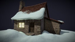 Small house in the snow winter, substancepainter, blender