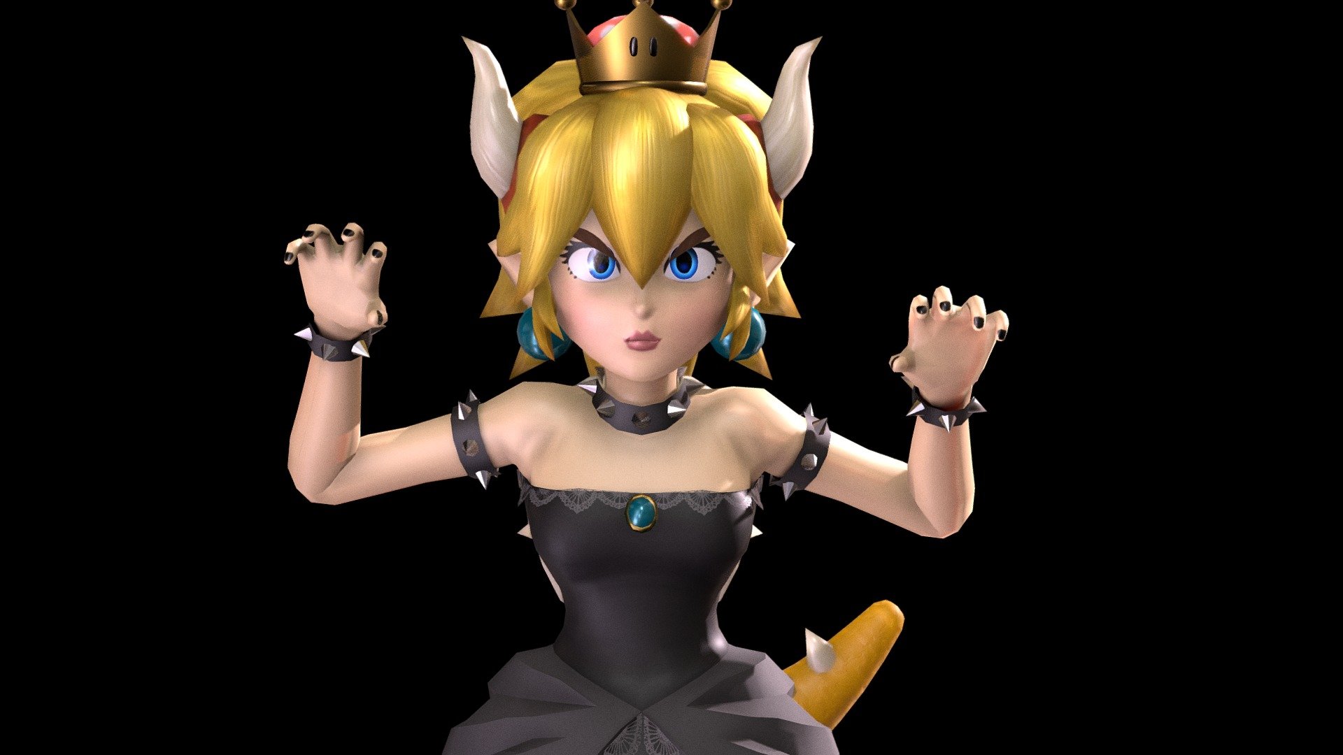 3D model of Bowsette, I tried to make the concept faithful to the Super Smash Bros Ultimate saga. It was modeled, Textured and Rigged in Blender 2.79 (PBR), shaded in Blender 2.8 beta. The rig contains basic IK drivers, controllers for fingers and eyes.

Blend File Containts:
- Character 3d Model
- Accesories 3d Models
- UV Mapping with multiples UV
- PBR Textures (Diffuse, Ambient Oclusion, Metallic, Specular, Roughnnes and Bump).
-Basic Rig with IK controllers.
-5 Poses

FBX File:
- Character 3d Model
- Accesories 3d Models
- UV Mapping with multiples UV
- PBR Textures (Diffuse, Ambient Oclusion, Metallic, Specular, Roughnnes and Bump).
-Basic Rig

Details from Mesh:
Polygons: 5,948
Vertex: 6,034

Contact:
mikeblueg@hotmail.com - Bowsette (Rigged) - Buy Royalty Free 3D model by Mike BlueG (@mikeblueg) 3d model