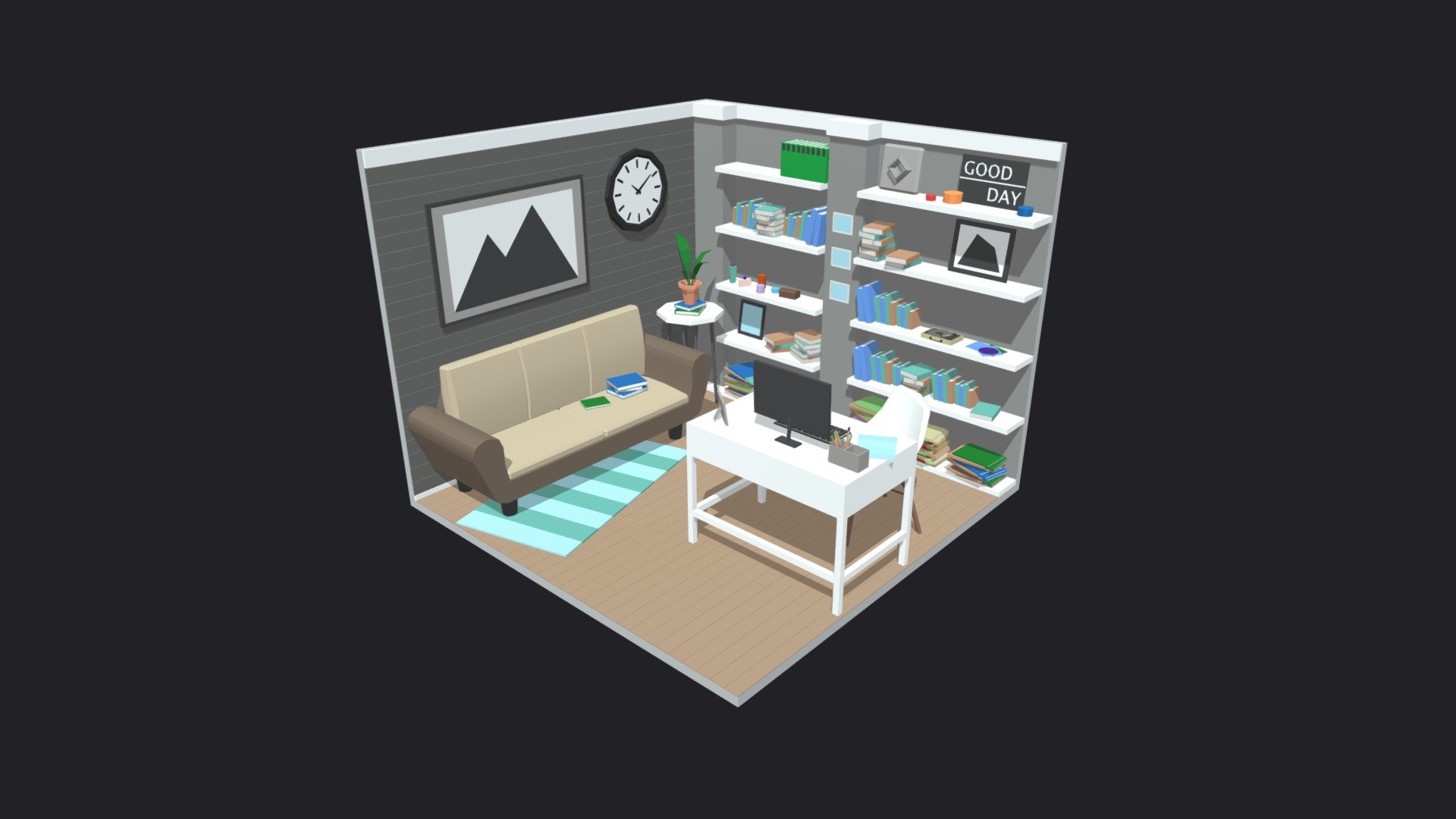 Low poly room is ready to be used for games, rendering and advertising.

This is an office room complete with furniture.

This set includes 30 unique props: table / computer / chairs / carpet / plant / books / accessories and much more!

Technical details:

The whole room has:




Vertex: 8399

Faces: 7048

Tris: 13571
Has only one color texture (2048/1024/512/256 /128px) and one material for the entire game set.

Feel free to download it and leave your reviews, comments and likes. This will help us create more products for you :) - Office Room 15 Low-poly 3D model - Download Free 3D model by Mnostva 3d model
