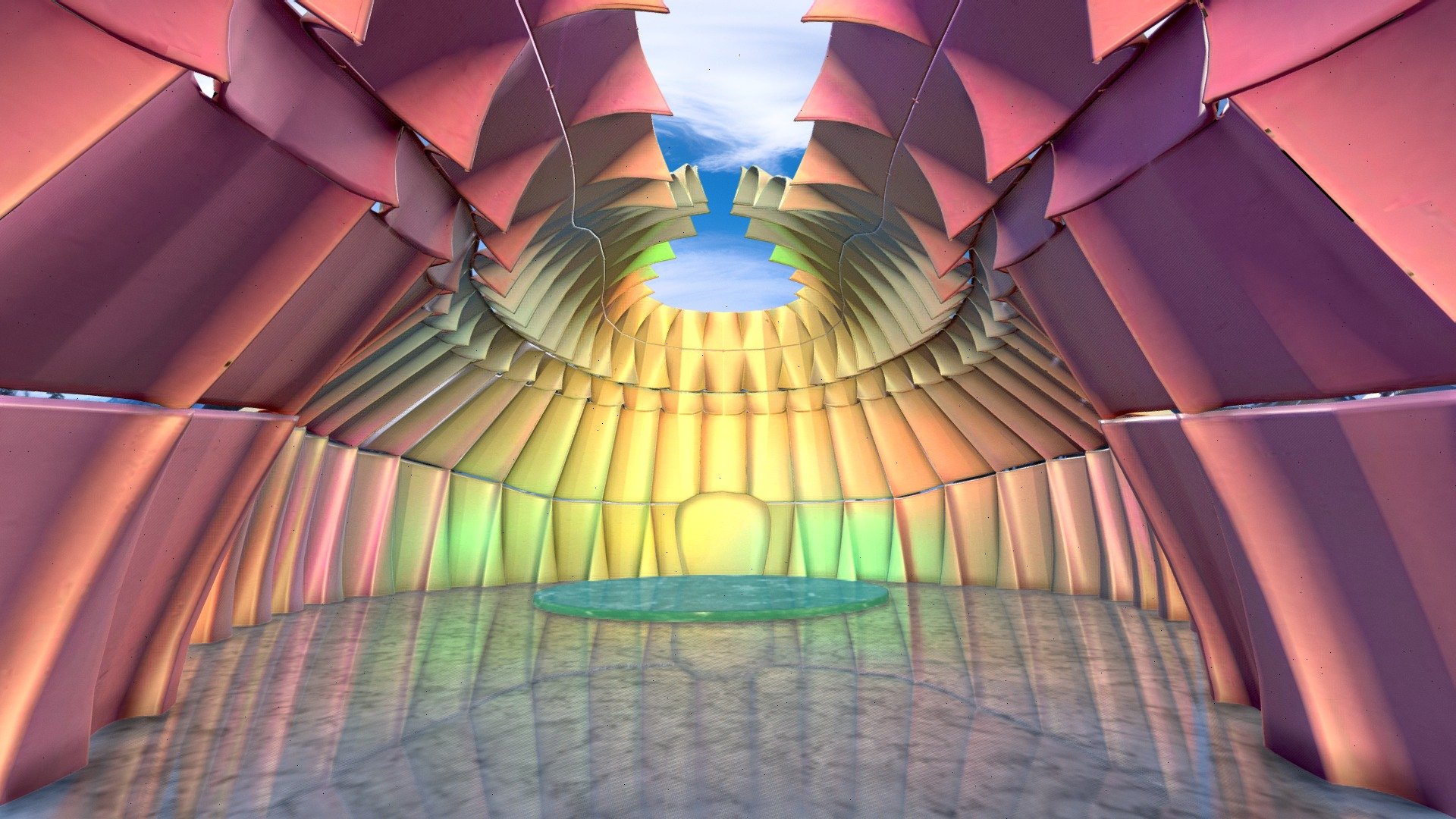About
Experience the mesmerizing beauty of our Folded Fabric Tessellated Dome. This architectural structure boasts a tesselated design resembling folded, colorful fabric, creating a dynamic space of flowing light and shadow filled with a rainbow of colors. Perfect for interactive performances, concerts, meditation, and product showcases, our dome also features cascading colorful light and an open sky, immersing you in an unforgettable virtual experience. 

Assets
The immersive interior space, optimized mesh, and game-ready assets make it easy to use in a variety of projects. Download our multiple file types (.gltf, .usdz, .blender) today and let the inspiration begin 3d model