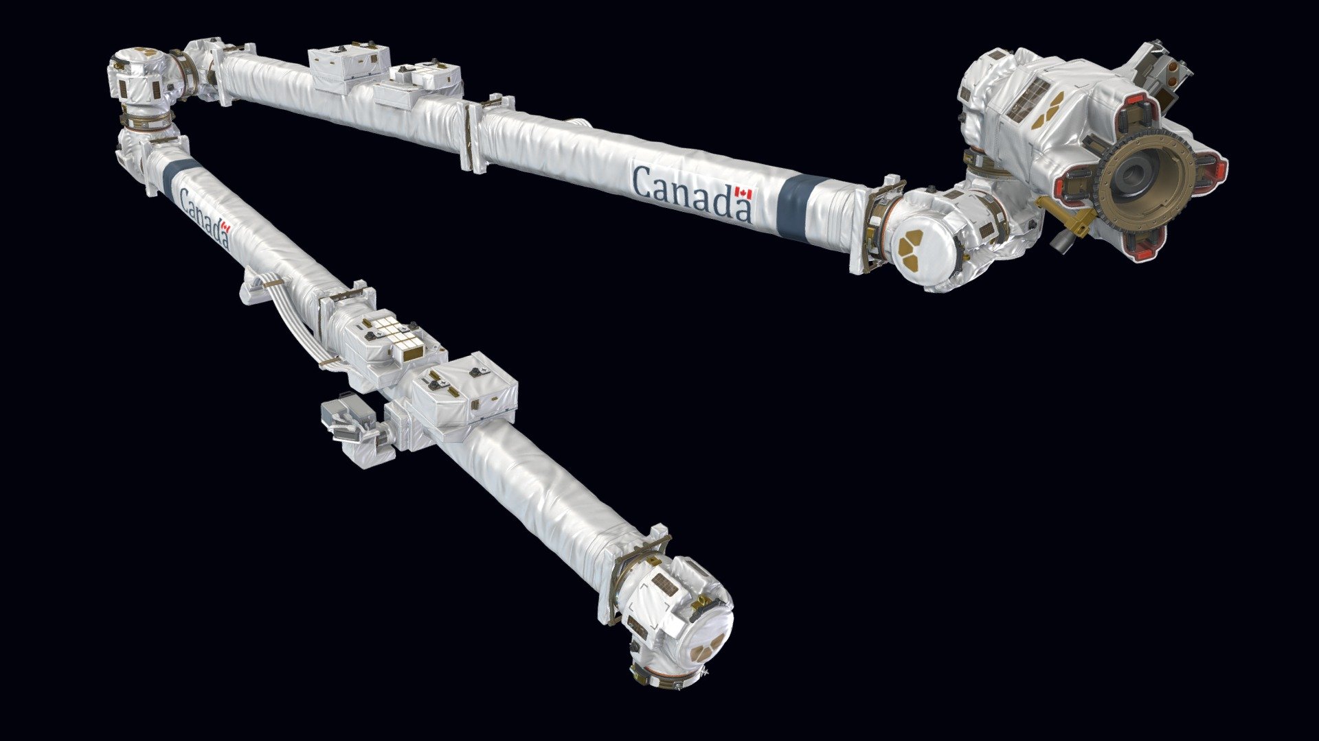 A Canadian-made robotic arm for the International Space Station, modeled based on real-world image references，but Inaccurate restoration of details.

https://www.artstation.com/artwork/r9mWWJ - ISS Robotic Arm - 3D model by Mike welson (@1010768895) 3d model