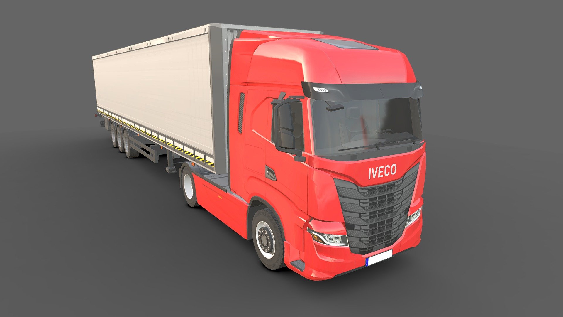 Tracteur Iveco S-Way 2021

Low-poly

Average poly count : 38,000

Average number of vertices : 33,000

Textures : 4096 / 2048

Formats .( FBX , OBJ , 3D MAX ).

High quality texture.

Isolated parts (Door, steering wheel, wheels, body).

Its dashboard is simple.

You can use this model in all games 3d model