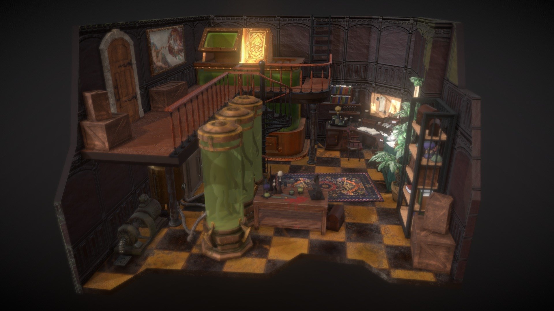 A interior concept i made for uni. Inprised by the Witcher3
Made using maya, substance painter. mudbox and zbrush.

Paintings on the wall created by Michelangelo and Leonardo Da Vinci

Hope you all like it - Steampunk laboratory - Buy Royalty Free 3D model by thiezubu 3d model