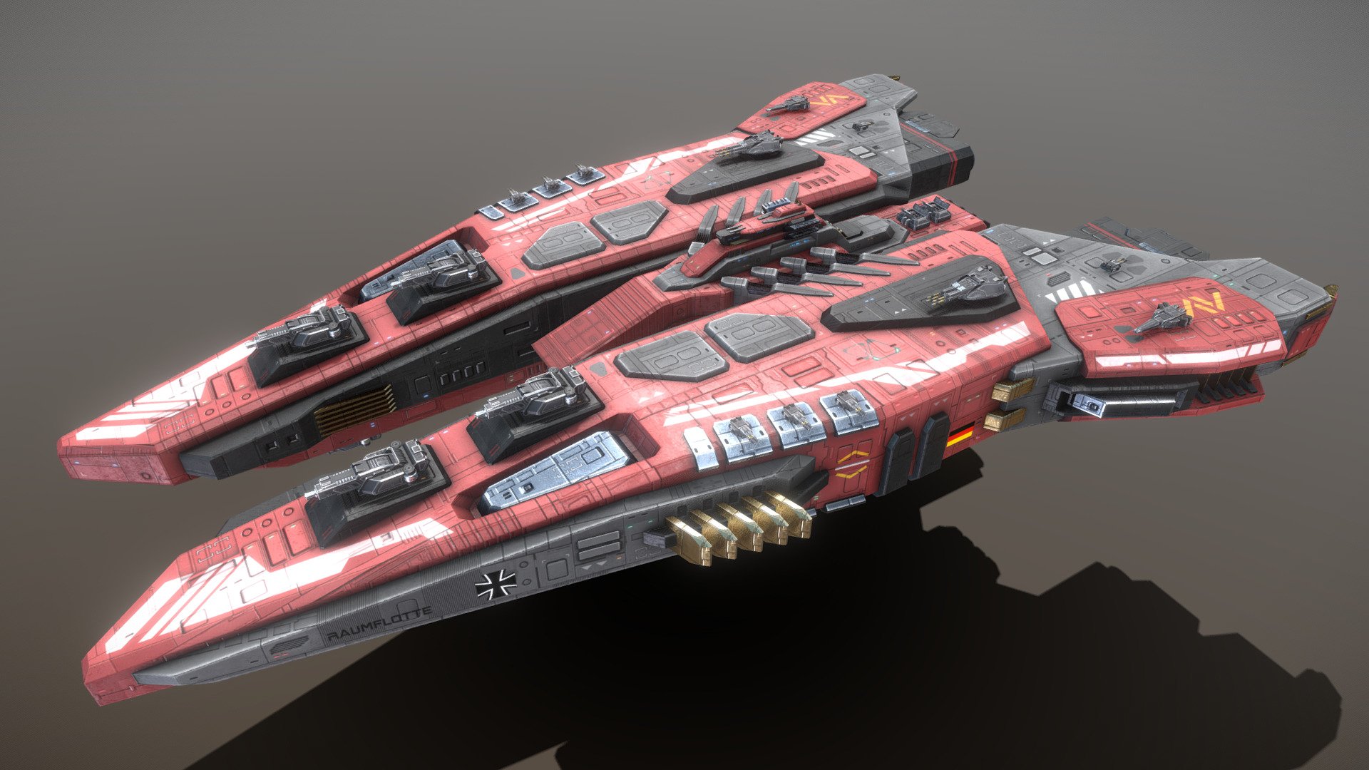 This is a model of a low-poly and game-ready scifi spaceship. 

The weapons are separate meshes and can be animated with a keyframe animation tool. The weapon loadout can be changed too. 

This model has optional maneuvering thrusters for newtonian physics based movement. They do fit on other ships too.

The model comes with several differently colored texture sets. The PSD file with intact layers is included.

Please note: The textures in the Sketchfab viewer have a reduced resolution (2K instead of 4K) to improve Sketchfab loading speed.

If you have purchased this model please make sure to download the “additional file”.  It contains FBX and OBJ meshes, full resolution textures and the source PSDs with intact layers. The meshes are separate and can be animated (e.g. firing animations for gun barrels, rotating turrets, etc) 3d model