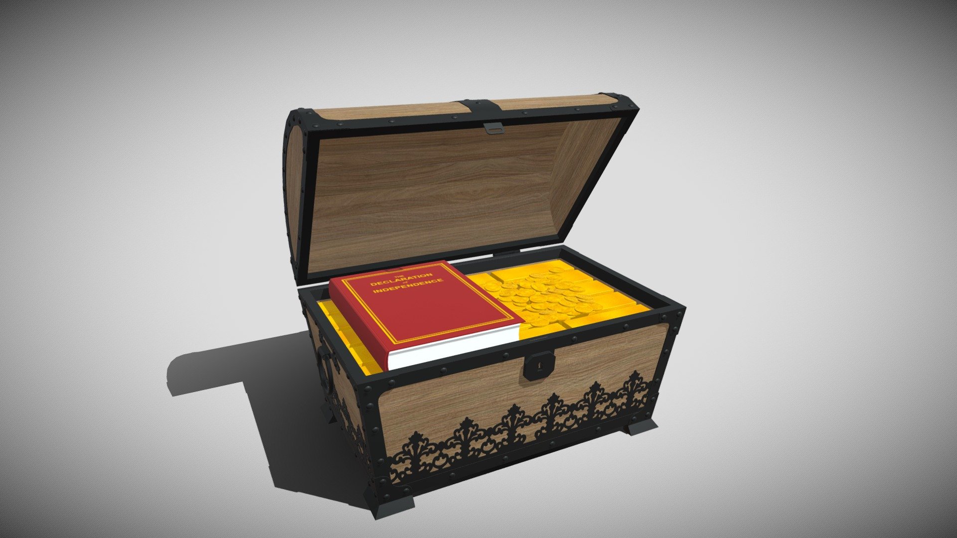 Detailed model of a Treasure Chest, modeled in Cinema 4D.The model was created using approximate real world dimensions. 

The model comprises of a trunk, some gold bars, 54 gold coins (one for each of the 54 countries in Africa) and a book that contains copies of the declarations of independence of all countries in Africa.

The model has 143,892 polys and 132,747 vertices.

An additional file has been provided containing the original Cinema 4D project files with both standard and v-ray materials, textures and other 3d export files such as 3ds, fbx and obj 3d model