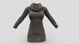 Female Long Sleeve Rolled Neck Sweater Dress mini, neck, winter, , fashion, girls, long, clothes, jumper, dress, sleeves, sweater, womens, cowl, wear, knitted, rolled, pbr, low, poly, female, knitwork
