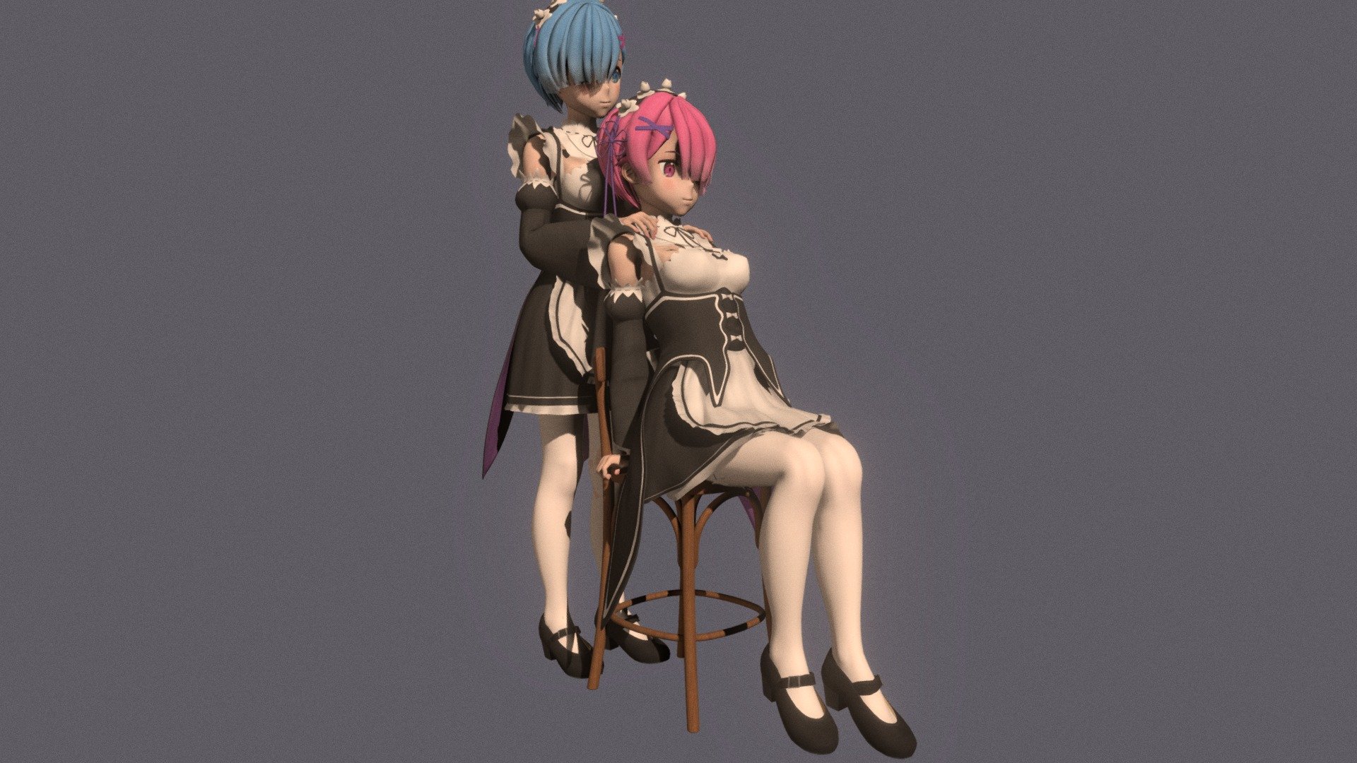 Posed model of anime girl Rem &amp; Ram (Re:Zero − Starting Life in Another World).

This product include .FBX (ver. 7200) and .MAX (ver. 2010) files.

Rigged version: https://sketchfab.com/3d-models/t-pose-rigged-model-of-rem-ram-60eddabea1d24e978104798dc32ce0fc

I support convert this 3D model to various file formats: 3DS; AI; ASE; DAE; DWF; DWG; DXF; FLT; HTR; IGS; M3G; MQO; OBJ; SAT; STL; W3D; WRL; X.

You can buy all of my models in one pack to save cost: https://sketchfab.com/3d-models/all-of-my-anime-girls-c5a56156994e4193b9e8fa21a3b8360b

And I can make commission models.

If you have any questions, please leave a comment or contact me via my email 3d.eden.project@gmail.com 3d model