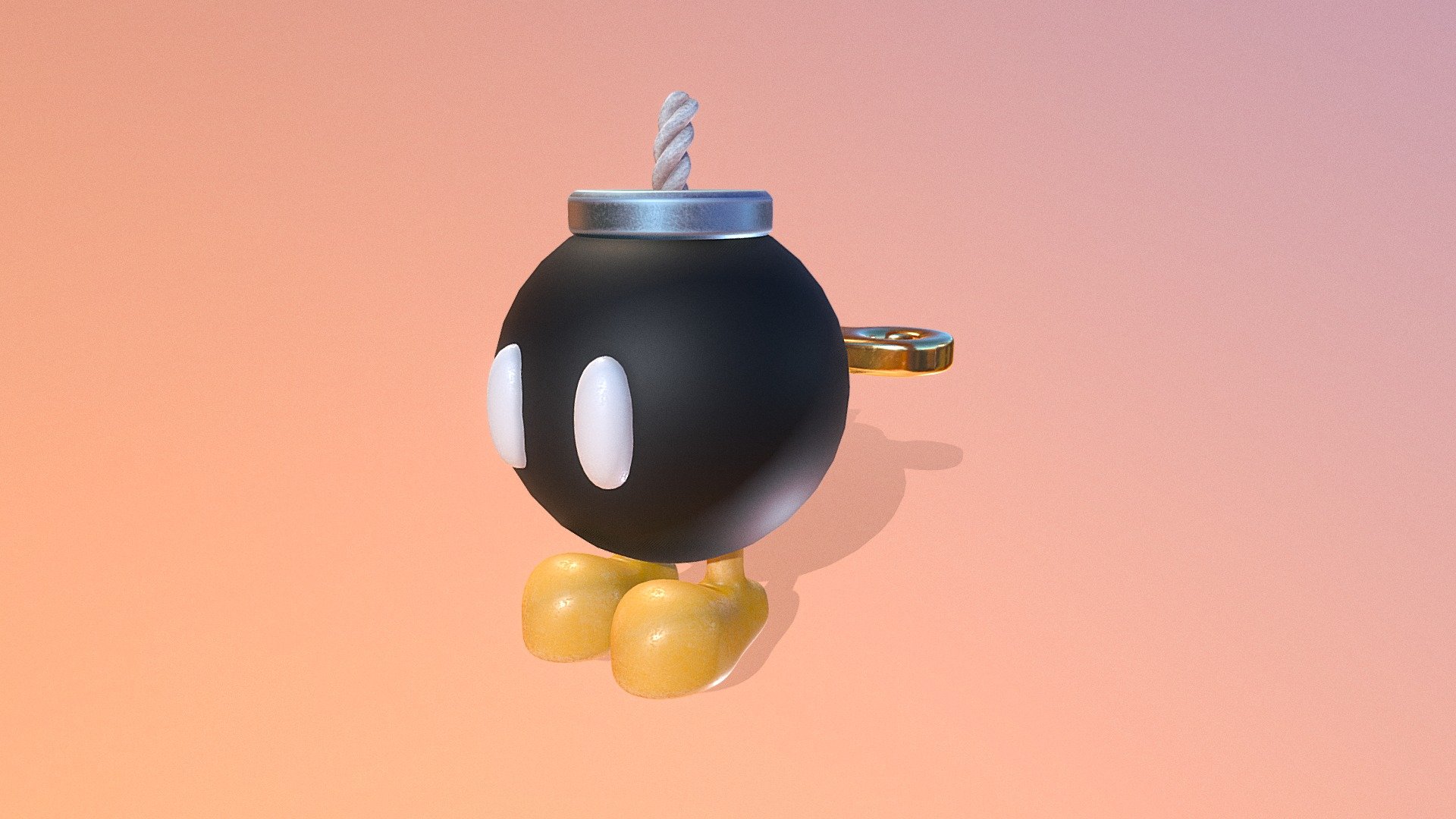 Imagine a tiny mechanical creature, no bigger than an apple. It has a round body, painted in a glossy jet-black color that gleams under the light. Two wide, innocent eyes stare out from its face, giving it an almost comical appearance. But don’t be fooled! This is no ordinary creature; this is a Bob-omb from the world of Mario 3d model