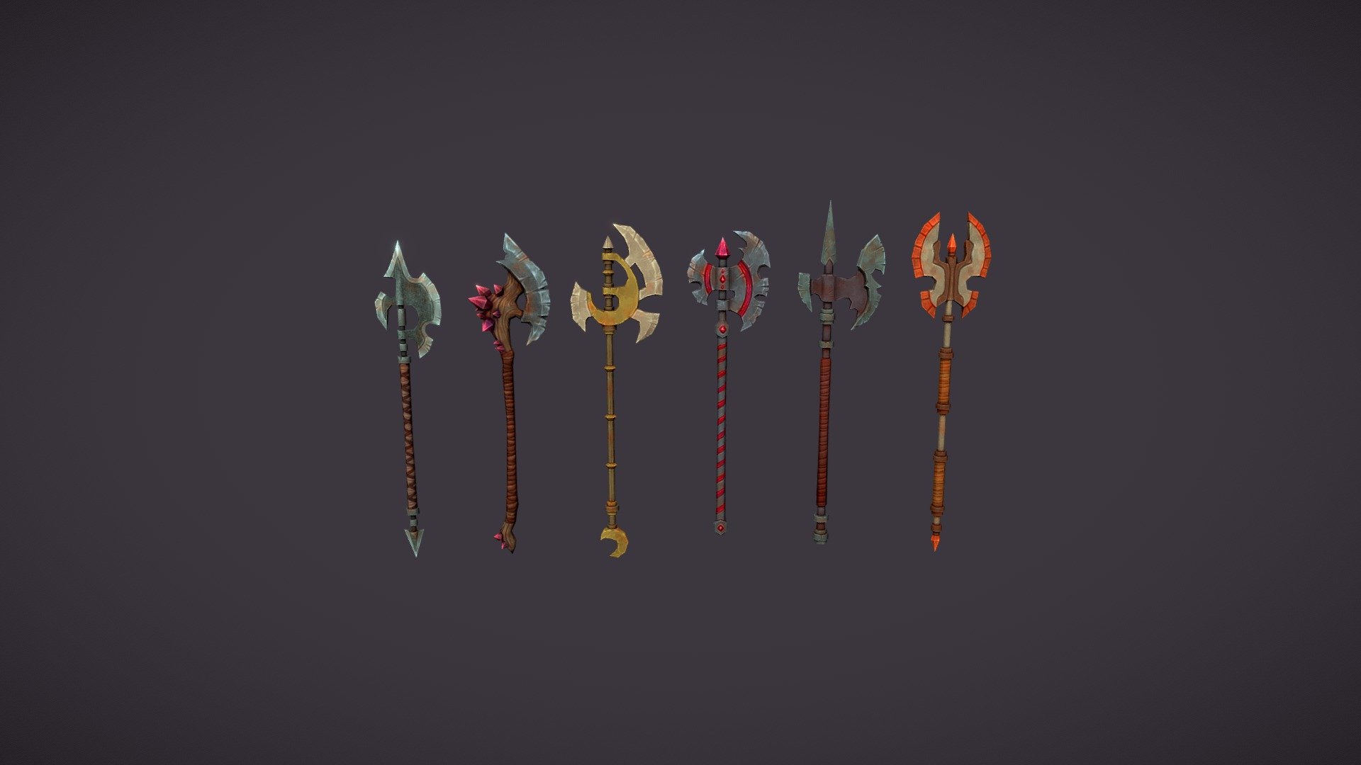 Low poly hand painted fantasy twohanded axes set.




6 unique models

4000 polys in preview scene

6 texture: diffuse map 1024px in .png format

all models separated in different .fbx files

If you have any troubles be free to write me - Fantasy axes set - 3D model by cattleya 3d model
