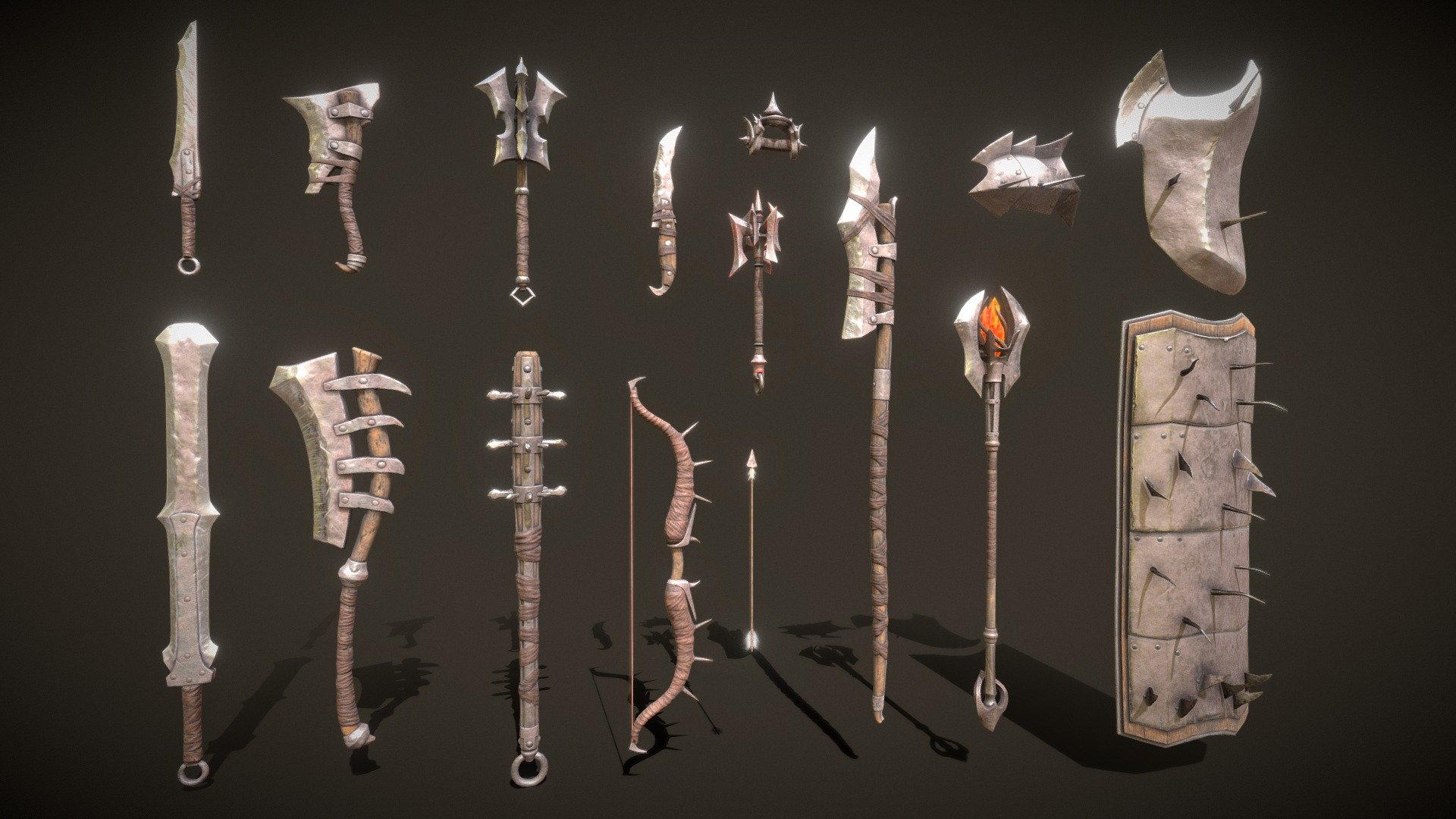 A set of fantasy Orc weapons.

The set consists of sixteen unique objects.

PBR textures have a resolution of 2048x2048.

Total polygons: 44641 triangles; 22913 vertices.

1) Sword (one-handed) - 1372 tris

2) Sword (two-handed) - 1432 tris

3) Mace (one-handed) - 2520 tris

4) Mace (two-handed) - 6028 tris

5) Ax (one-handed) - 1832 tris

6) Ax (two-handed) - 2054 tris

7) Lance - 3346 tris

8) Dagger - 1286 tris

9) Brass knuckles - 1760 tris

10) Bow - 2956 tris

11) Staff - 4606 tris

12) Scepter - 2812 tris

13) Shield (small) - 2309 tris

14) Shield (medium) - 2034 tris

15) Shield (great) - 7774 tris

16) Arrow - 520 tris

Archives with textures contain:

PNG textures for blender - base color, metallic, normal, roughness, opacity, glow

Texturing Unity (Metallic Smoothness) - AlbedoTransparency, MetallicSmoothness, Normal, Emission

Texturing Unreal Engine - BaseColor, Normal, OcclusionRoughnessMetallic, Emissive - Fantasy Orc Weapon Set - 3D model by zilbeerman 3d model