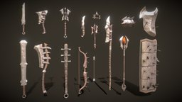 Fantasy Orc Weapon Set arrow, set, axes, bow, staff, shields, mace, scepter, swords, game-ready, lance, pbr, dagger