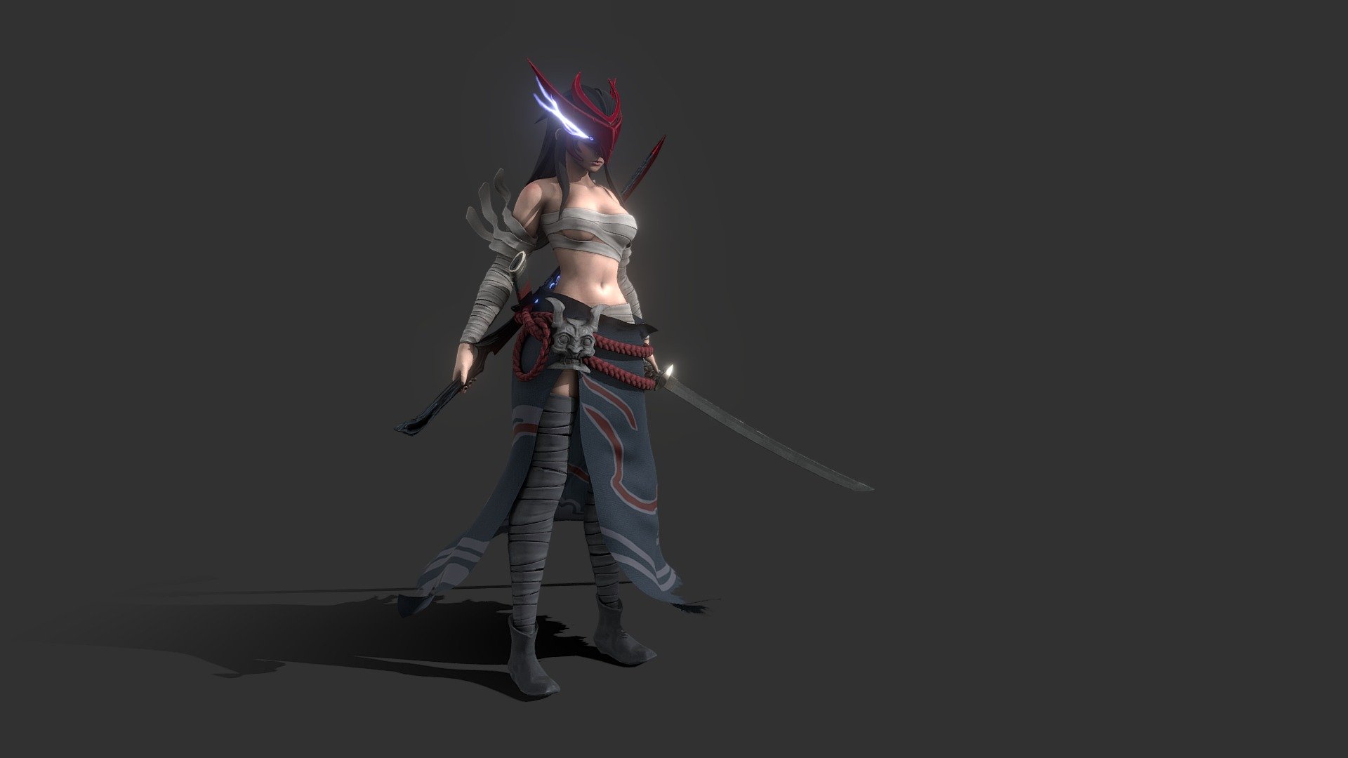 Yone from League of Legends, but female. I did some deliberate changes to fit a female version of Yone better, so it's not a complete replica. I am a huge fan of the character design and decided to give it a shot 3d model
