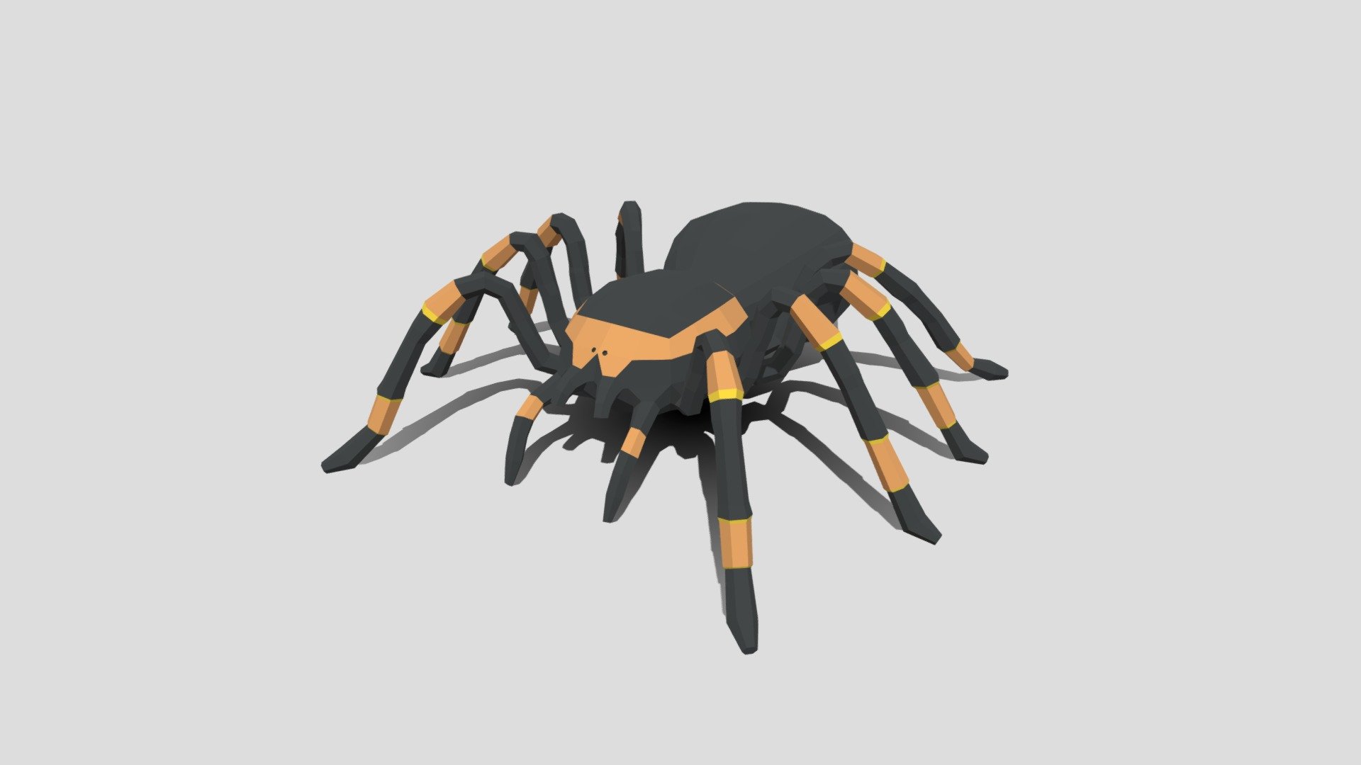 This is a low poly 3D model of a Tarantula. The low poly spider was modeled and prepared for low-poly style renderings, background, general CG visualization presented as 1 mesh with quads only.

Verts : 1.282 Faces : 1.280.

The 3D model have simple materials with diffuse colors.

No ring, maps and no UVW mapping is available.

The original file was created in blender. You will receive a 3DS, OBJ, FBX, blend, DAE, Stl, gLTF.

All preview images were rendered with Blender Cycles. Product is ready to render out-of-the-box. Please note that the lights, cameras, and background is only included in the .blend file. The model is clean and alone in the other provided files, centred at origin and has real-world scale 3d model