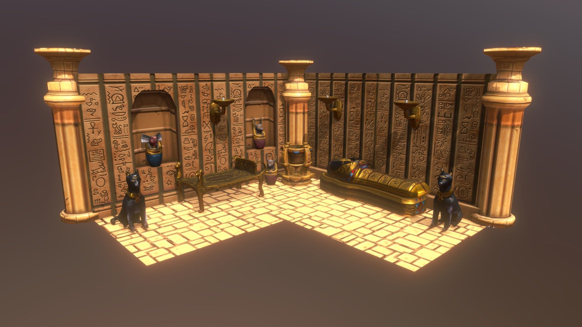A stylized diorama and modular set for creating an Egyptian tomb. The set includes pillars, walls, flooring, and several props to help decorate the scene 3d model