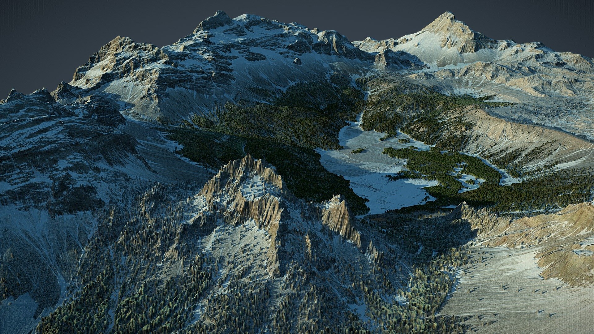 Fully Procedural Landscape created in World Machine.
Inspired by winter. Go hiking! Mountains are beautiful! - Winter forest mountains - (World Machine) - Buy Royalty Free 3D model by gamewarming 3d model
