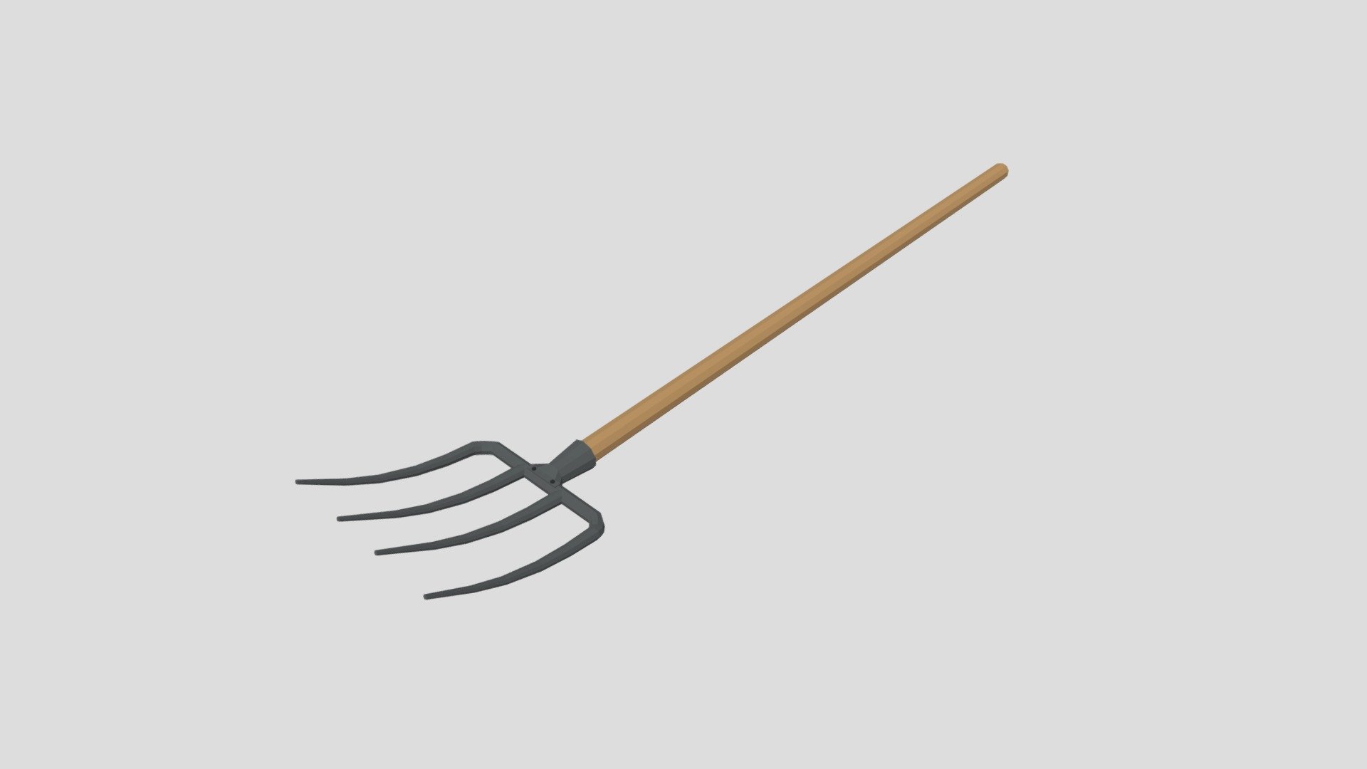 This is a low poly 3D model of a pitchfork. The low poly pitchfork was modeled and prepared for low-poly style renderings, background, general CG visualization presented as 1 mesh with quads only.
Verts : 430 Faces : 406.

The 3D model have simple materials with diffuse colors.

No ring, maps and no UVW mapping is available.

The original file was created in blender. You will receive a 3DS, OBJ, FBX, blend, DAE, Stl, gLTF.

All preview images were rendered with Blender Cycles. Product is ready to render out-of-the-box. Please note that the lights, cameras, and background is only included in the .blend file. The model is clean and alone in the other provided files, centred at origin and has real-world scale 3d model