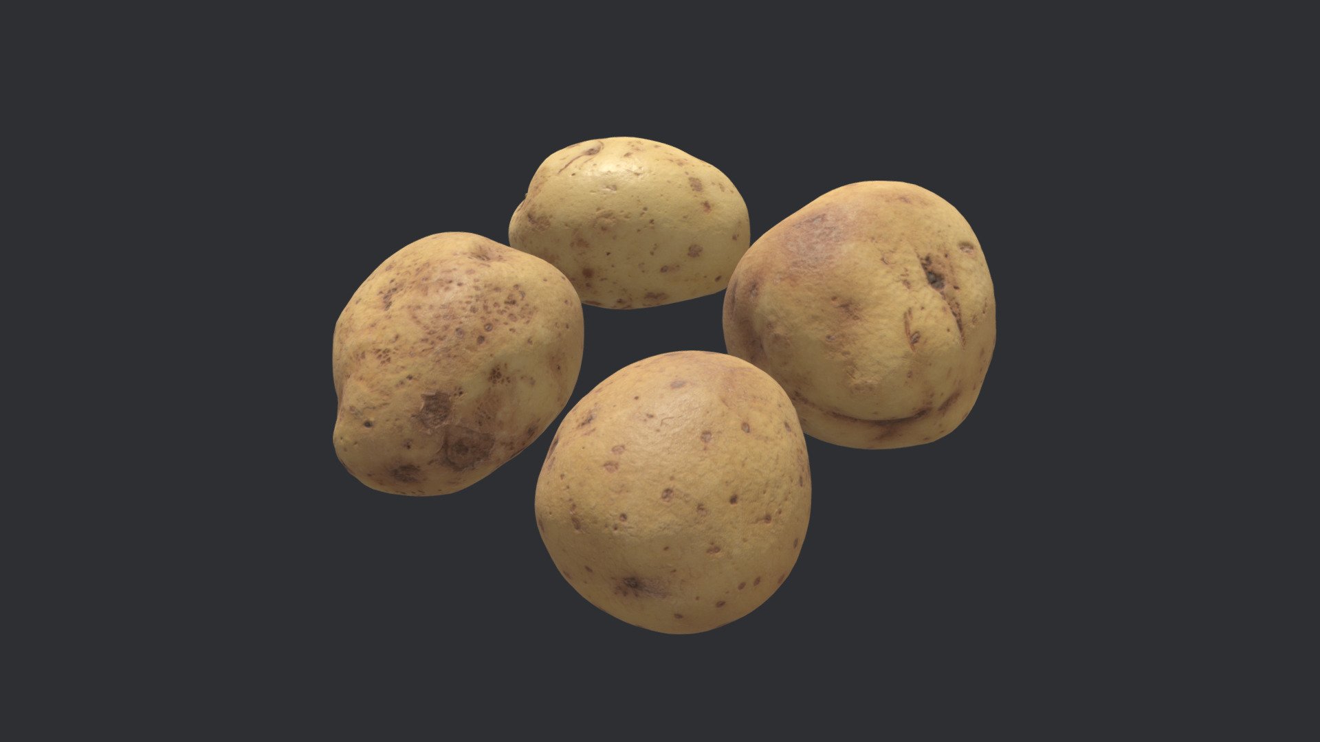 Four individual photogrammetry models of Maris Piper potatoes.

All models retopologized/optimized into quads with clean UVs.

Each model has it’s own 4K PNG textures (Diffuse, Normal, Roughness and Ambient Occlusion).

2K JPG textures used for 3D preview.

Real world scale 3d model