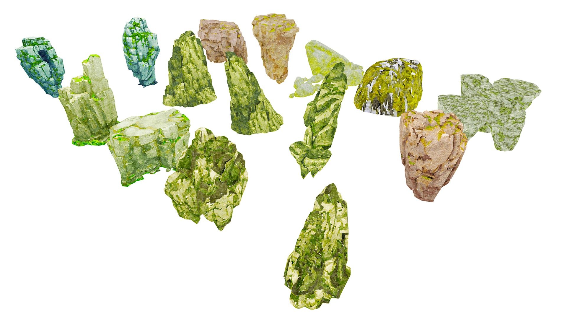 A package of low polygonal Rocks.The package contains 15 objects

Rock 1: 983 Poly, 497 Vert
Rock 2: 920 Poly, 598 Vert
Rock 3: 588 Poly, 592 Vert
Rock 4: 691 Poly, 649 Vert
Rock 5: 1017 Poly, 1154 Vert
Rock 6: 849 Poly, 749 Vert
Rock 7: 826 Poly, 532 Vert
Rock 8: 1519 Poly, 769 Vert
Rock 9: 1775 Poly, 899 Vert
Rock 10: 1329 Poly, 1086 Vert
Rock 11: 2799 Poly, 2002 Vert
Rock 12: 498 Poly, 273 Vert
Rock 13: 2065 Poly, 1078 Vert
Rock 14: 3110 Poly, 1822 Vert
Rock 15: 1278 Poly, 940 Vert




Only Textures Diffus duplicated in resolution 2048 x 2048. Format textures of PNG. Files include: 3Dsmax, 3Ds, Obj, Fbx and folder with textures. Ready import to game project (Unity, Unreal)
If there is a need for any type of model, send a message! We will provide. 
Thanks for your interest and love! 



Note: Watercolor style illustrations 
It is recommended to use flat lighting or shaderless material - Rock Illustration Collection Part 2 - 3D model by josluat91 3d model