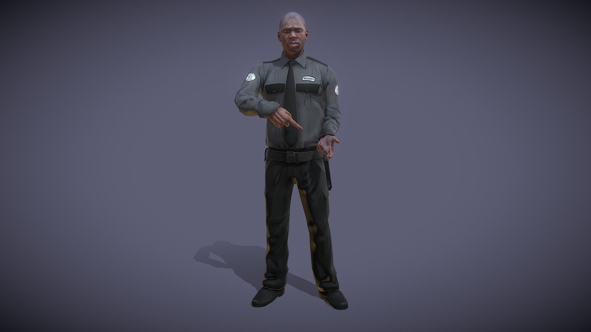 Generic security guard (with and without hat).


1 mesh.
Geometry: 13259 triangles, 8464 vertices (+480 triangles with hat).
Three PBR high resolution materials (2K).
Channels: diffuse, normal, metallic.
Animations: 58, all carrying a (not included) submachine gun.
Rigged type Generic.
SRP support: BuiltIn, URP, HDRP.
Unity version: +2020.3.
 - Security Guard 3 - Buy Royalty Free 3D model by Hitoshi Matsui (@hitoshi.matsui) 3d model