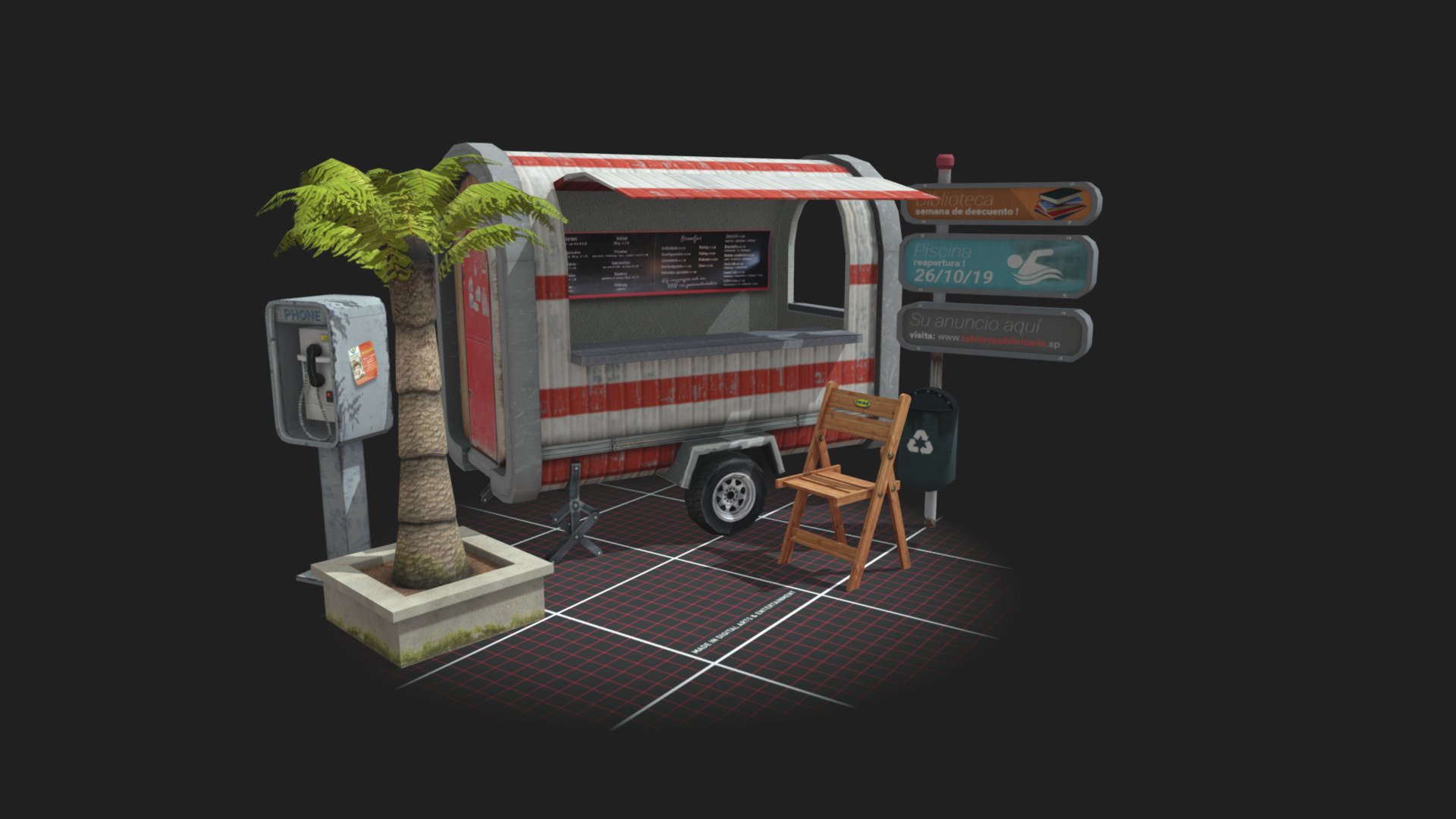 5 Props fiting the upcoming city scene. (Assignment at DAE)
- foodtruck
- public phone
- palm tree
- chair
- street sign(s) - Props Scene (5 city-related-props)(1DAE06) - 3D model by Bob.Joostens 3d model