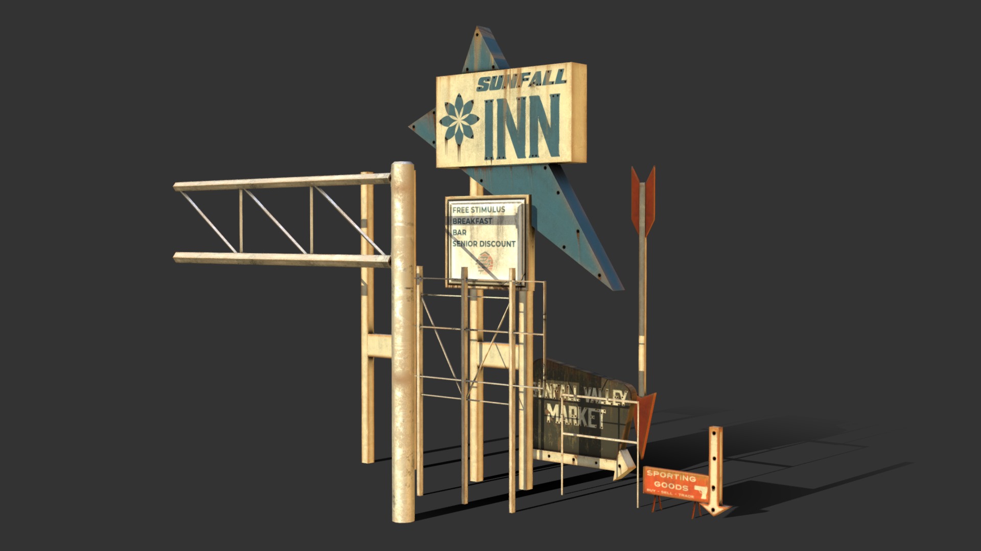 A set of old signs and signboards for an abandoned city scene I'm working on. Went with more of a old, midcentury sort of feel for them.

Made with 3DSMax and Substance Painter 3d model