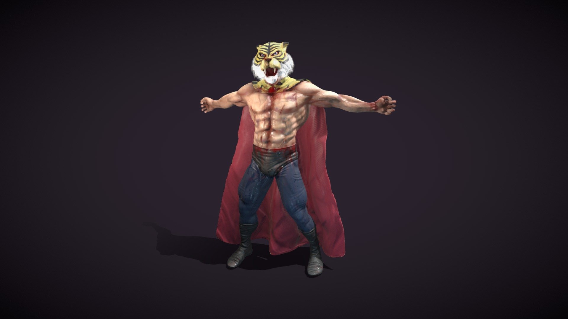 Hello guys,
this is my game ready version of Tiger Man (タイガー・マスク).
It's my August character, I am on the challenge to myself: a game ready character per month.
I hope you can like it!

I made the high poly with Zbrush and the low poly/retopology with Maya. The mantle low poly in Marvelous Designer.
After this, I baked the maps with Marmoset Toolbag 3 and texturized with Substance Painter. Rigged and animated on Mixamo. Weight balance made by myself in Maya 3d model