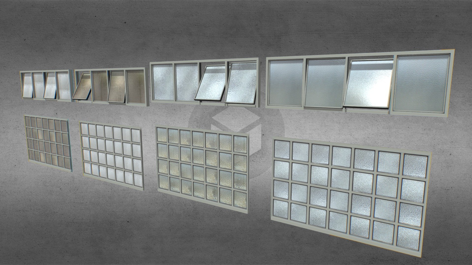Pack of 4 different windows with painted frame. Based on realistic windows.

Comes with PBR 4096pix texture sets including Albedo, Normal, Roughness, Metalness, AO. TGA textures.

Suitable for factories, warehouses, hangars, etc..

In the window with 4 glasses, the 4 windows can be opened 3d model