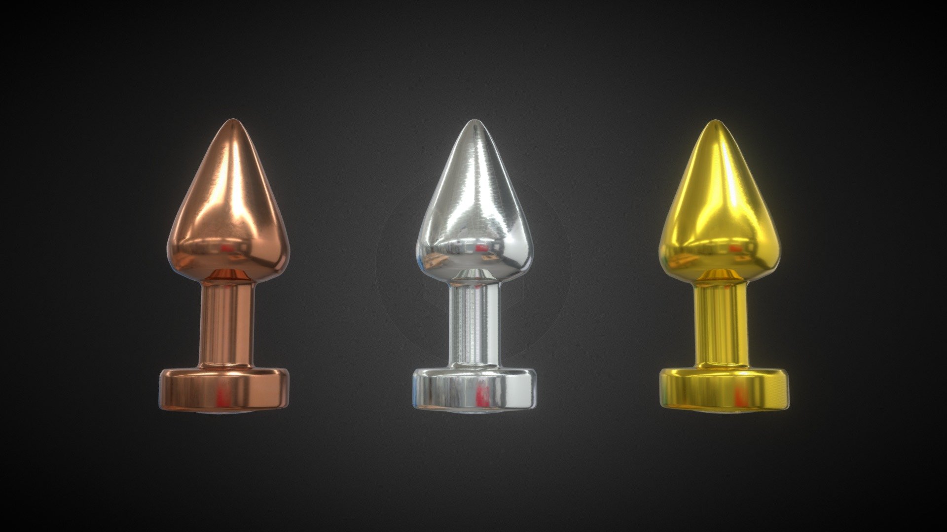 First time to post adult content 3D models. Hoping I can earn money out of it.

3 Buttplugs (Chrome, Copper, and Gold), having a pink colored theme on the glass part.


Has FBX file with textures already embedded
Has OBJ and MTL files and the Textures folder
3 buttplugs, but the model has 6 materials (the glass is separate from the plug)
The glass effect is done here in Sketchfab (you have to do it manually on whatever app youre using)
 - 3D ButtPlugs - Buy Royalty Free 3D model by AnshiNoWara 3d model
