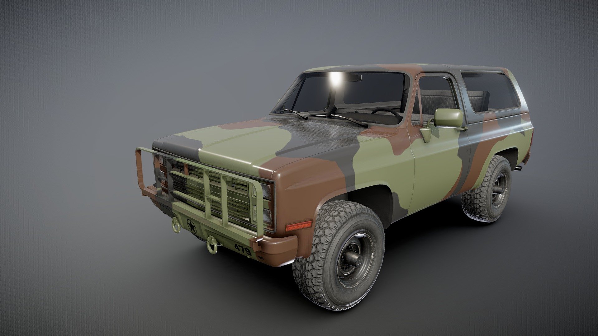 USA military offroad vehiclecar model.

Midpoly exterior.

Lowpoly interior(1024x1024 diffuse texture).

Low poly wheels with PBR textures(2048x2048).

Full model - 47882 tris 27572 verts

Lowpoly interior -3485 tris 2062 verts

Wheels - 11668 tris 6344 verts

Original scale

Length - 4,3m, widht - 1,8m, hieght - 1,72m

Model ready for real-time apps, games, virtual reality and augmented reality.

Asset looks accuracy and realistic and become a good part of your project 3d model