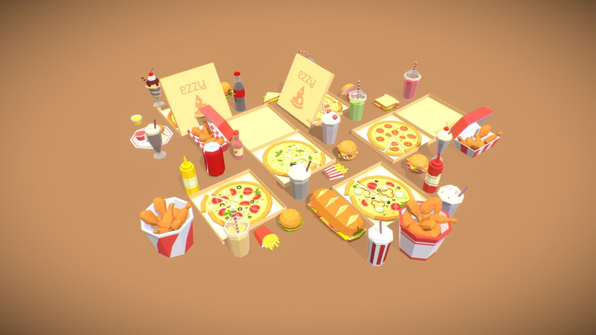 Low-poly fast food models contain 5 types of pizza with some fried chicken and a variety of drinks 3d model
