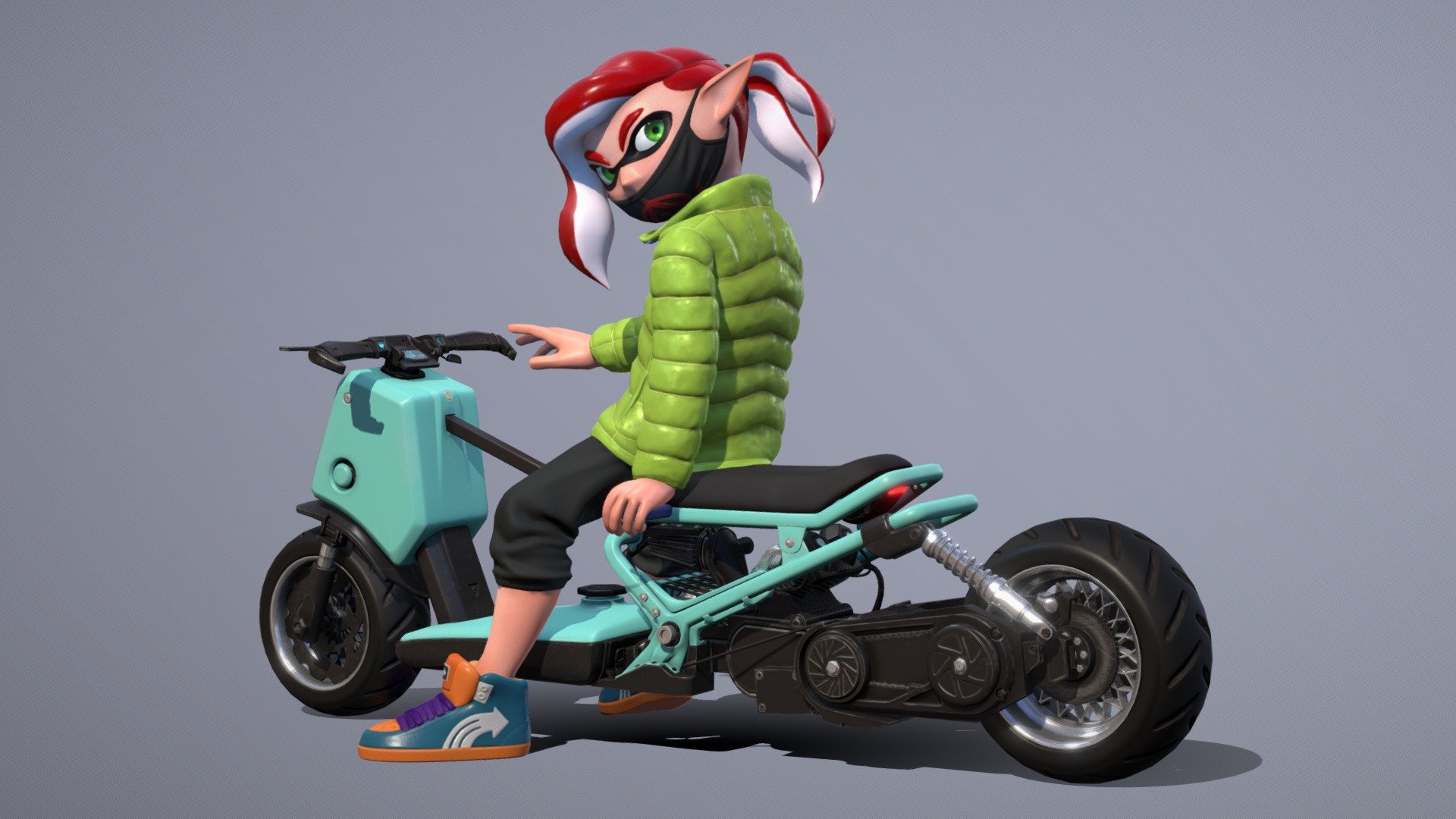 Modeled after an artwork of Skiorh

Bike and Inkling use 3 sets of 4k textures, although still look good when downscaled to 2k

Sprays use 512 textures for albedo and normals and 256 for the rest

Couldn't really match the background due to sketchfab limitations - Splatoon Biker - 3D model by Ouroboroth 3d model