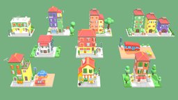 Cartoon City Islands / Exteriors tree, bike, plant, grass, exterior, child, bus, taxi, mailbox, town, hotdog, cityscape, cozy, cartoonstyle, architecture, cartoon, blender, house, home, car, city, building, modular, village, cartooncity