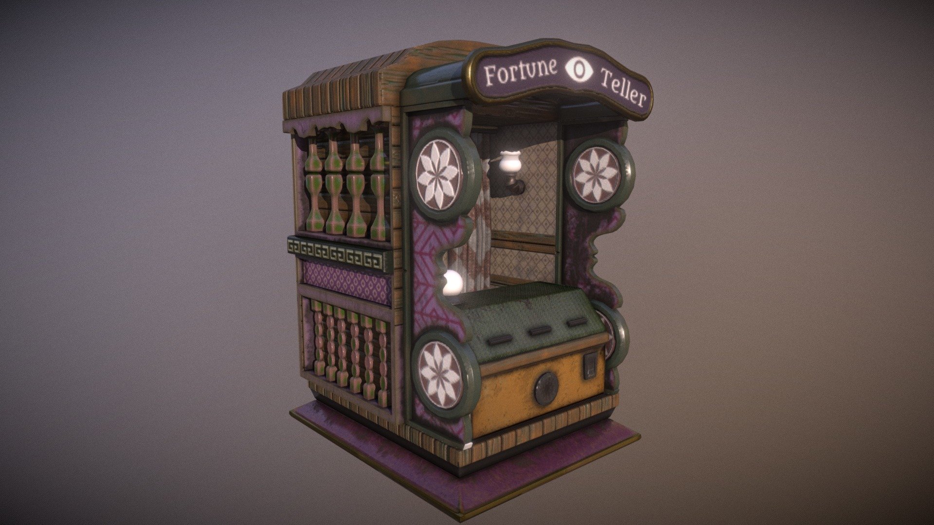 This piece is a fortune telling machine, meant to hold a mystical animatronic, who is capable of both predicting and fullfilling, the future of its useer.

This is a Mesh and texture made for a project. Current accreditations are pending, but the all parts of this asset were made by me on maya and substance painter 3d model