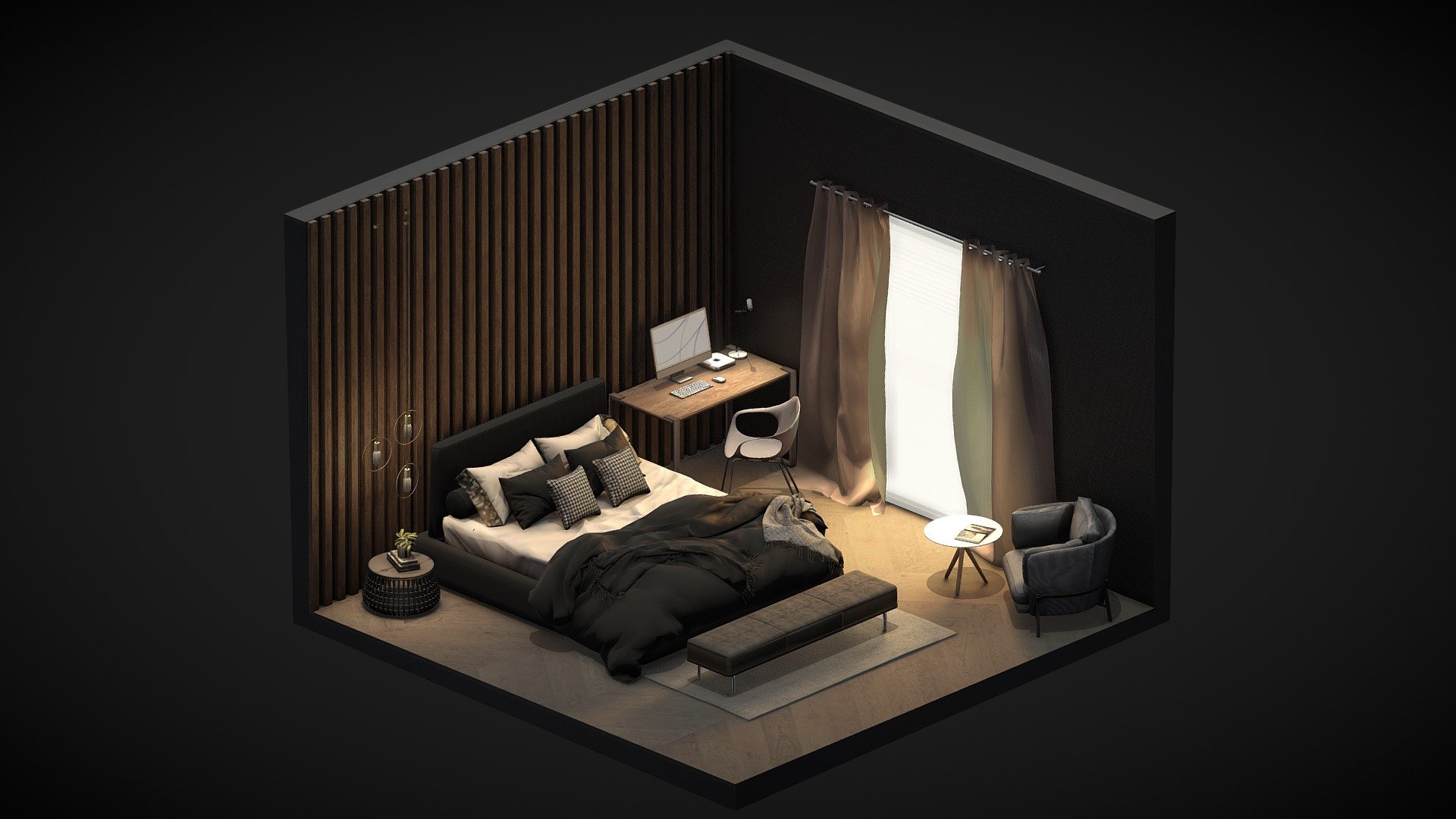 an isometric bedroom i built in blender 3d model