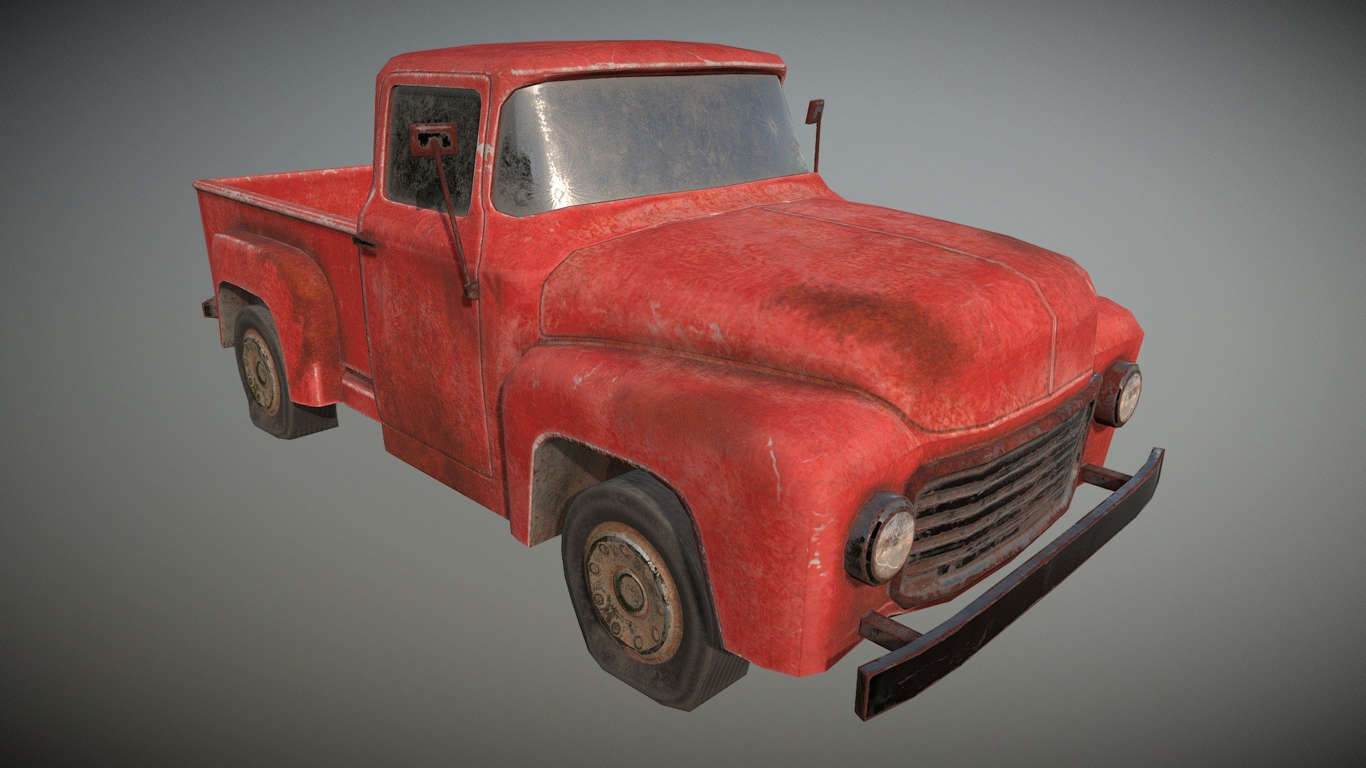 High-quality Old Pickup model. Great for First Person Shooter, RPG, Post Apocalypse games. PBR Material with Albedo, Normal, and Metalic/Smoothness textures in PNG format, 2k resolution. Model has about 3084 tris. 


Features:



High-quality 2k PBR Textures.
 - Rusty Pickup Wreck - 3D model by vinrax 3d model