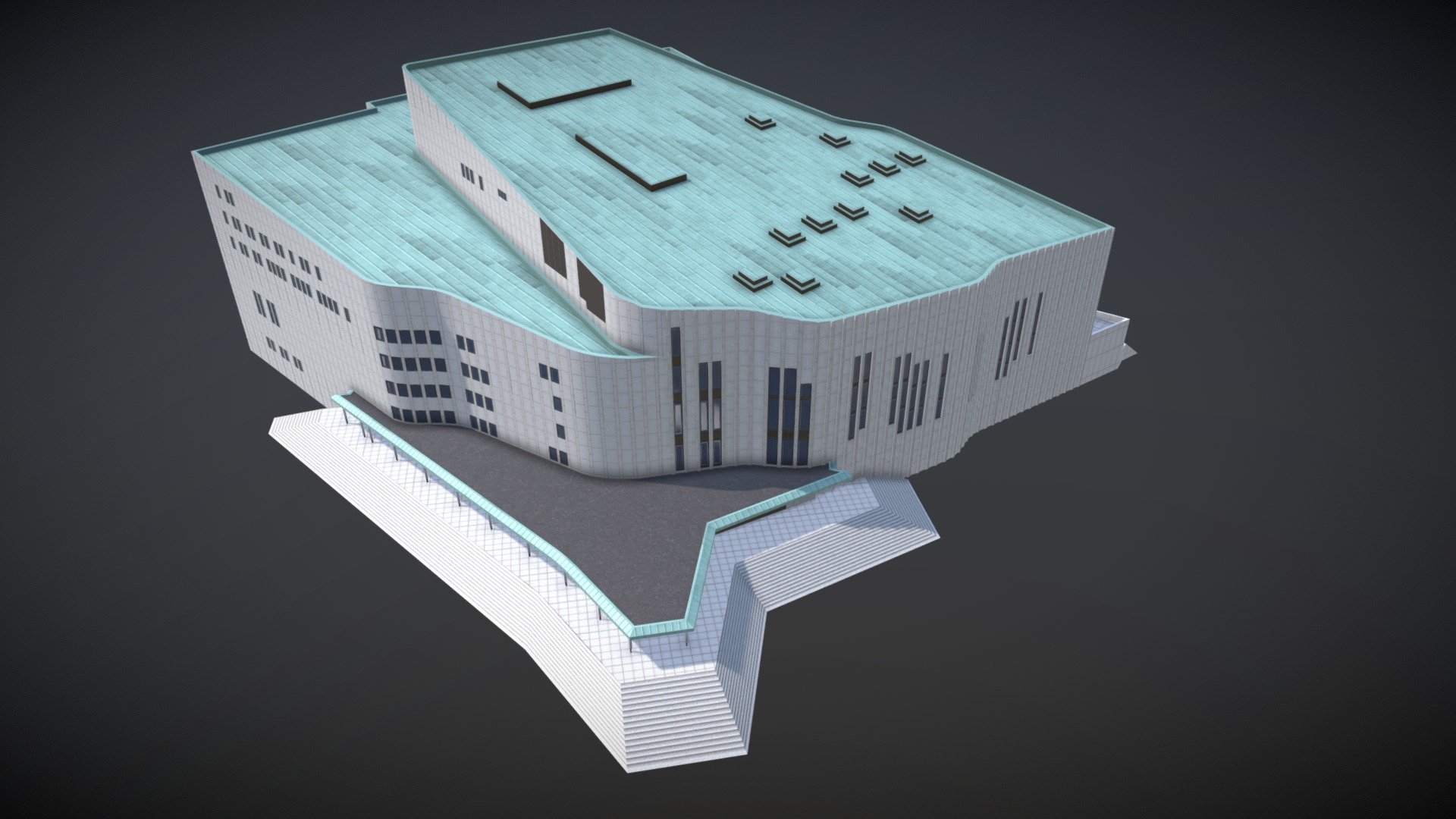 Modelled after the Aalto Theatre in Essen, Germany. Asset for Cities: Skylines.

The large staircases are not part of the original architecture; the asset is meant to be partly sunken into slightly sloped terrain that leads from street level up to just below the tiled floors, hiding the stairs entirely 3d model