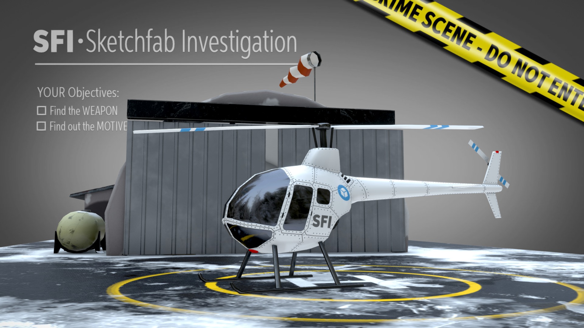 **Welcome SFI-Agent! **

A new Sketchfab Investigation is waiting for you. Here is your briefing:

There is a dead male person, about 30 years old. The Forensics has taken the body from the scene. We can start from a murderer! 
The person who runs this outpost, Tim Berland, is arrested but says nothing. Now we we must rely on your intuition and analytical skills.

Your Objective:




Find the WEAPON

Find out the MOTIVE

Contact Robert Kotsch private (PLEASE NO PUBLIC COMMENT to keep the fun for all) with your results.

Good luck!

*** Click Annotation 1 to start ***



Tech Specs:

under 5k verts

2k map for environment

2k map for the helicopter - Sketchfab Investigation: "A cold death" - 3D model by Robert Kotsch (@robertkotsch) 3d model