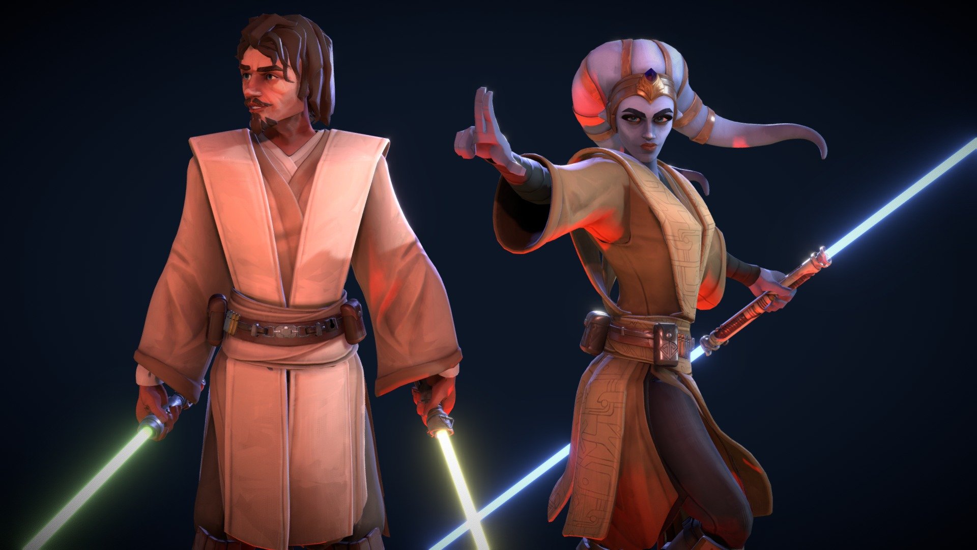 Jedi Knights comes in Male/Female versions, that's the first time I'm trying such kind of work. Please understand that this is not about to be a common rule for the next characters I will create. It also does not tease any future update on other characters available. They remain more individual designs, instead of here where the goal is to allow for building your own using a given number of variant pieces (models, textures, animations&hellip;etc. You can go quite far with these !)

Both genders files come in 3 versions :



One FBX with Model+skeleton+skin+animation, 



One FBX with Model only (so you can import it in maya/3dsmax/blender&hellip;etc and rig/skin it yourself)



One AKT file containing the skinned and rigged FBX with few animation samples so you can have a first idea on how to animate characters (feel free to erase/rework them and/or add new ones ;)). This file works with Akeytsu 2020-3-13 and above


 - Jedi Knights - Buy Royalty Free 3D model by Etienne Beschet (@etienne.beschet) 3d model