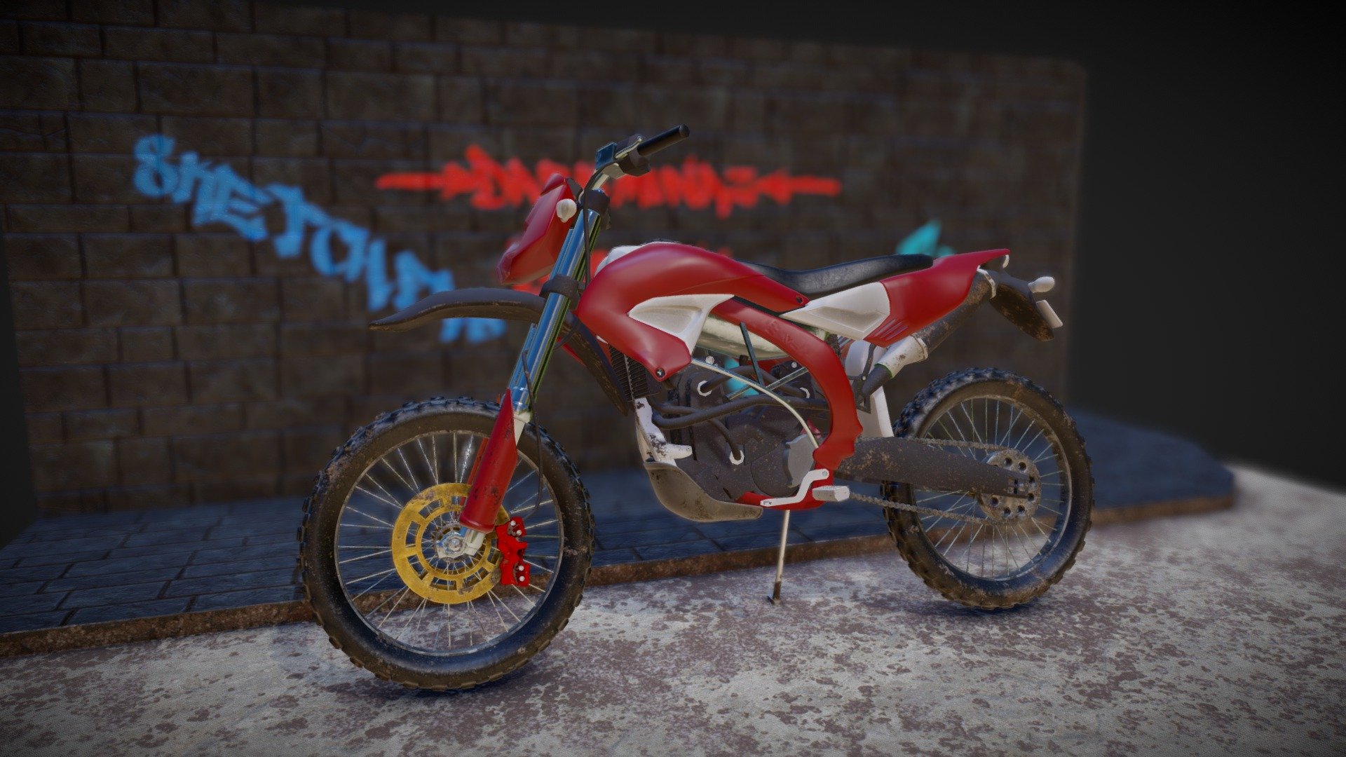 Updated a few parts, changed some colors and created a little scene.

Now with added DOF
https://blog.sketchfab.com/add-another-layer-realism-depth-field/ - Motorbike, Parked in Scene - Buy Royalty Free 3D model by dark-minaz 3d model
