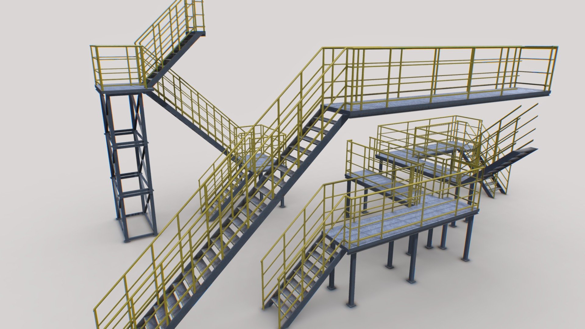 Realistic pack of industrial stairs. 26 pieces to make any kind of stairs. Realistic scale.

Comes with PBR 4096pix textures including Albedo, Normal, Roughness, Metalness, AO.

Suitable for factories, hangars, warehouses, etc..

Total number of verts: 5400 polys: 4600 - Industrial Stairs Modular 2 - Buy Royalty Free 3D model by 32cm 3d model
