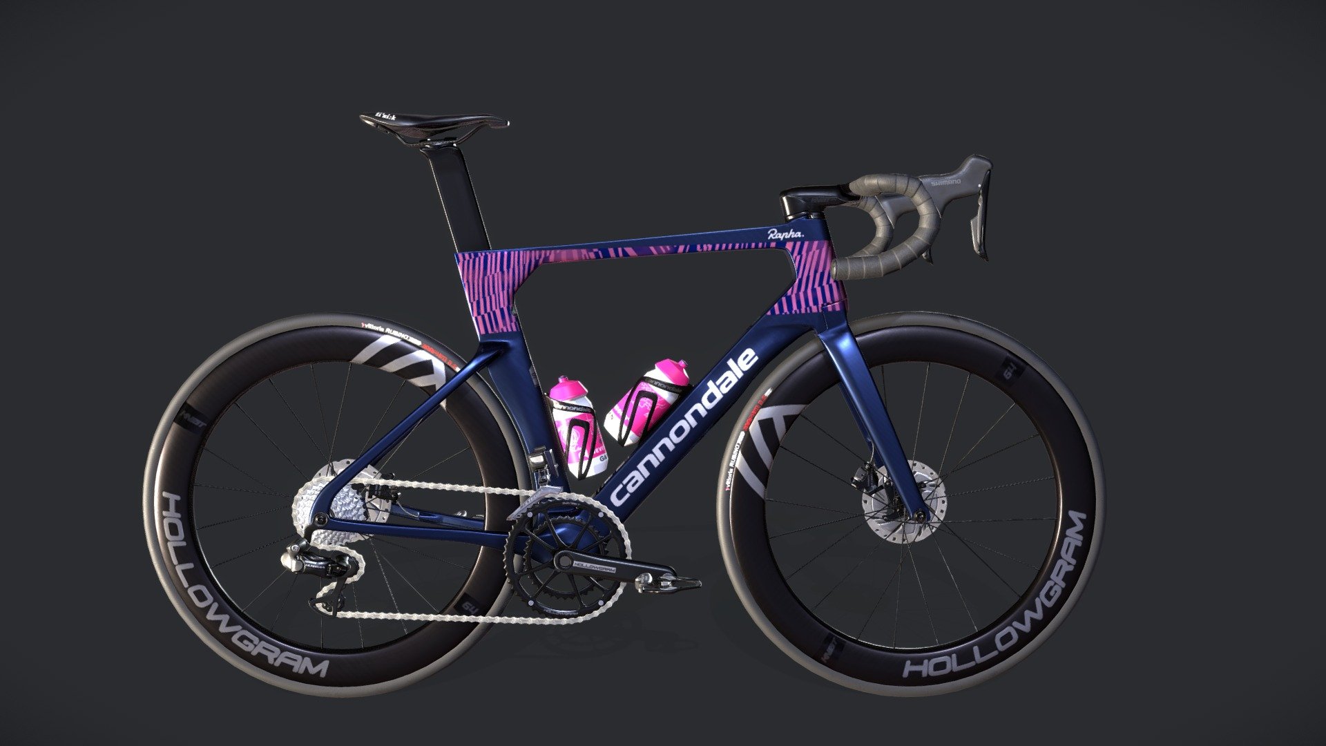The Cannondale SystemSix Bike with Hi-MOD Carbon and Ultegra Di2 components model made entirely in Blender
EF EDUCATION - NIPPO PROCYCLING TEAM BICYCLE.

Model consist of two 4k PBR texture sets of:
-base color
-ambient occlussion
-roughness
-metalness
-normals
-height
-emissive
-opacity
Whole bike consist of 65 objects (not marged)
UVs mostly do not overlap and they are not flipped.
~100k vertises, 
~100k polys - The Cannondale SystemSix Bike - Buy Royalty Free 3D model by Dav1d- 3d model
