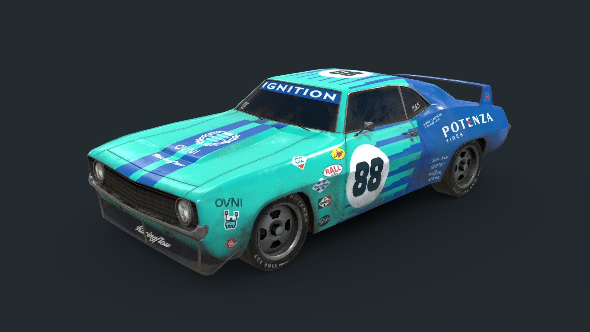 Camaro drift racing lowpoly version with 4625 polys. Trademarks changed and redeigned. 
The best on the road, the king on the podium 3d model