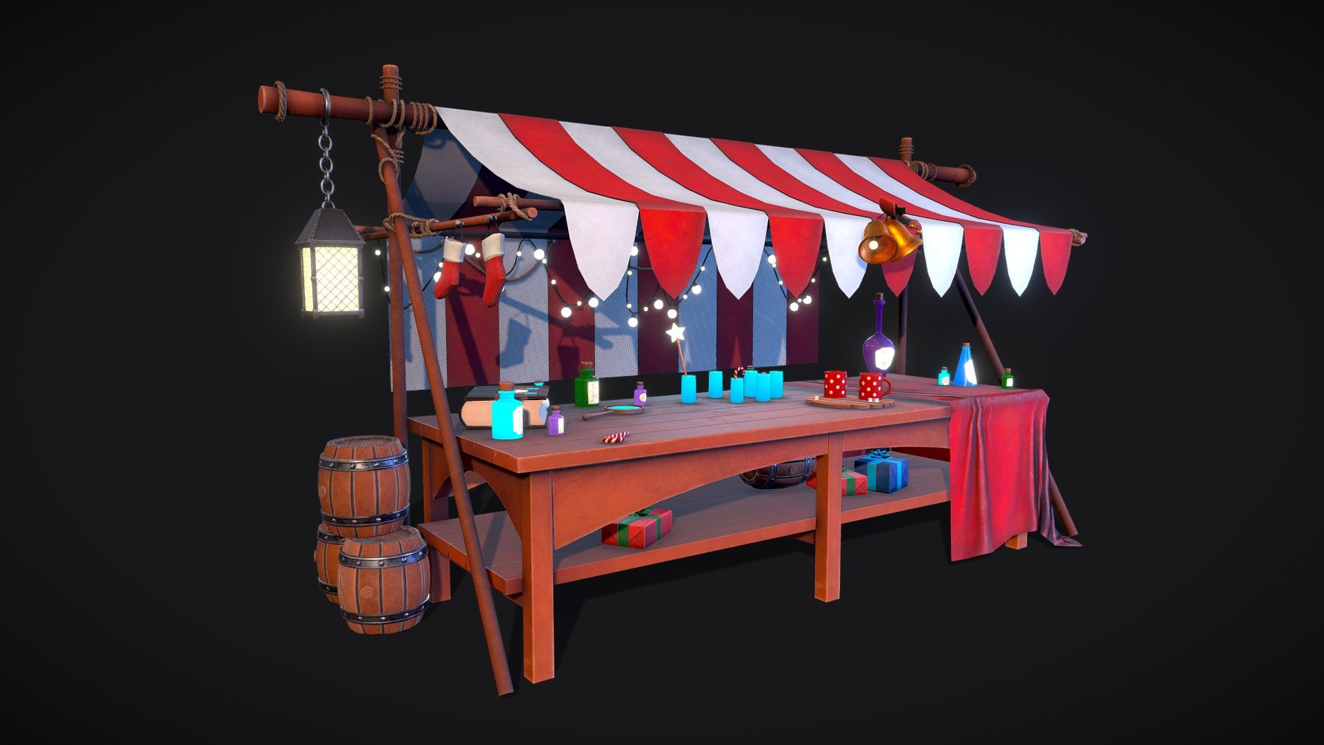 Christmas Market Stall game-ready model with optimized low-poly. 
PBR Metal-Roughness. 
Overlapping UVs.
Real-World Scale.

The archive contains following files:




.MA file (original MAYA file, version 2022)

FBX file

OBJ 

Texture set (available in 40964096 and 81928192)




Stall_BaseColor

Stall_Normal

Stall_Metalness

Stall_Roughness

Stall_Emissive

Stall_AO

If you have any additional questions or any problems related to the model, kindly contact me: katy.b2802@gmail.com - Christmas Market Stall - Buy Royalty Free 3D model by Enkarra 3d model
