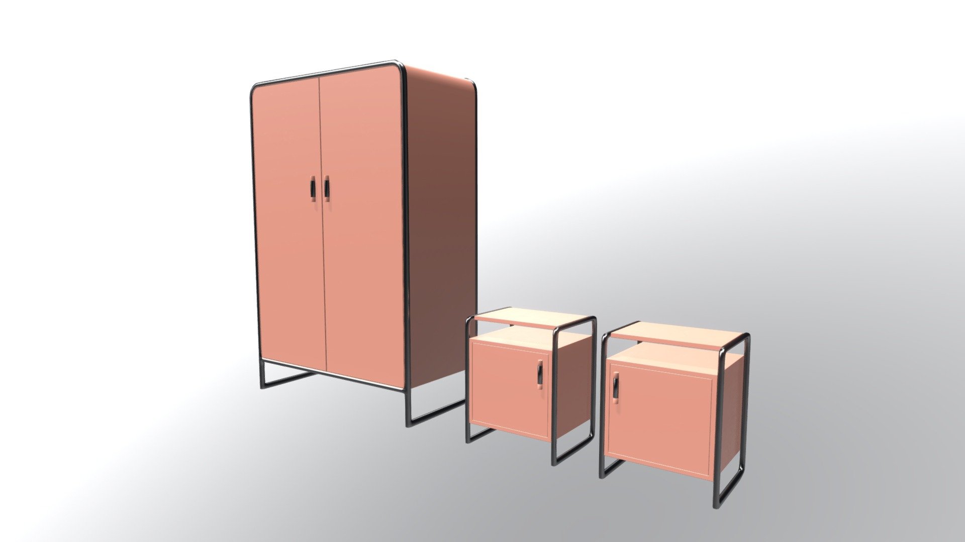 A retro 1960s style bedroom furniture set consisting of a wardrobe and two bedside cabinets (left and right).
This model was created using Blender.
Any questions please feel free to ask 3d model