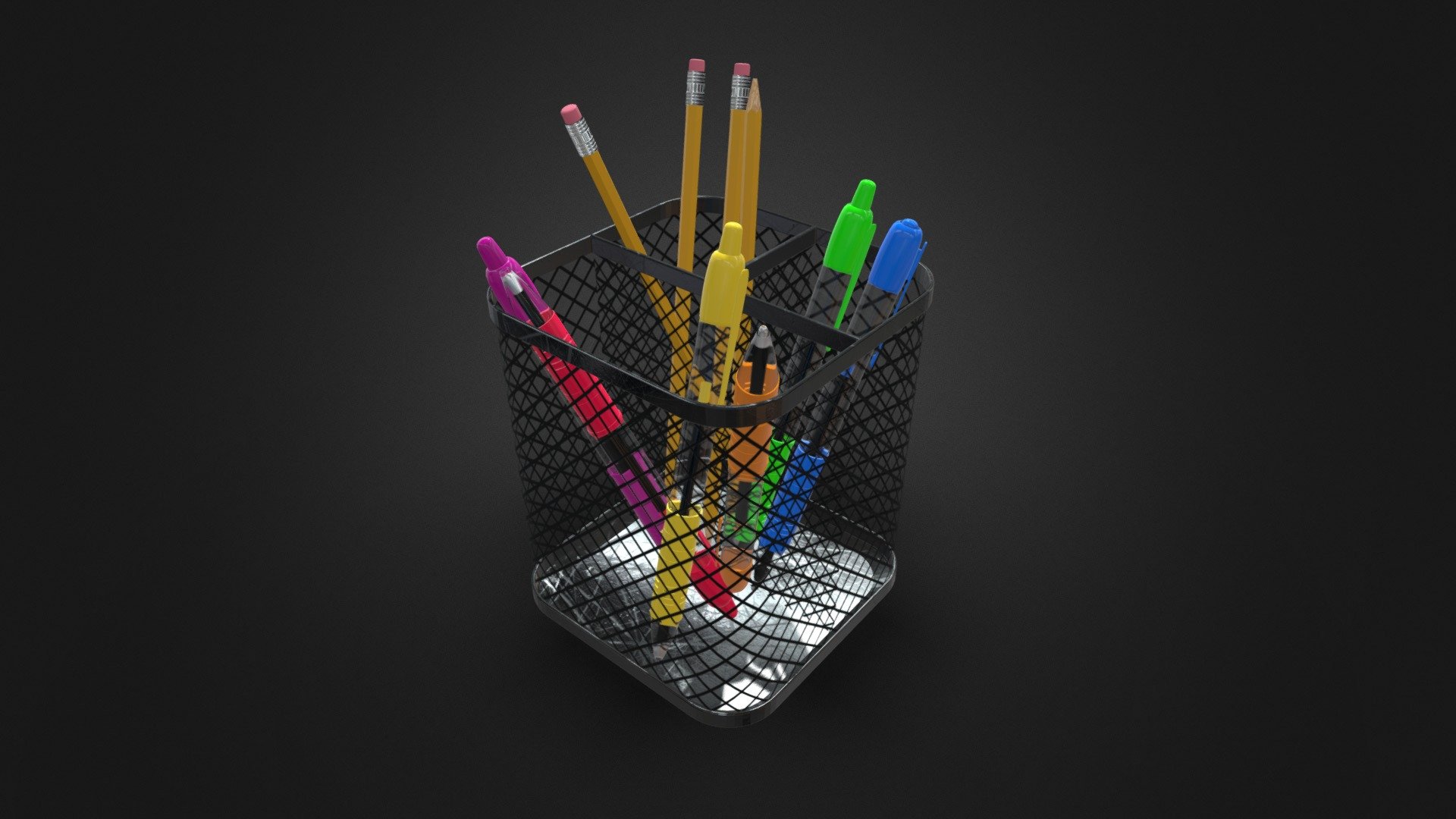 This simple yet detailed model will help add realism to your scene. This model looks amazing whether it is in the background or close to the camera.

The pens included in this model can be interacted with and can be clicked.

This model is fully UV unwrapped with materials and textures.

This model is of real world scale. This is the measurements of only the pencil holder without stationary:

Length: 38cm

Width: 15.8cm

Height: 3.6cm - Pencil / Pen Holder - Buy Royalty Free 3D model by micman2710 3d model