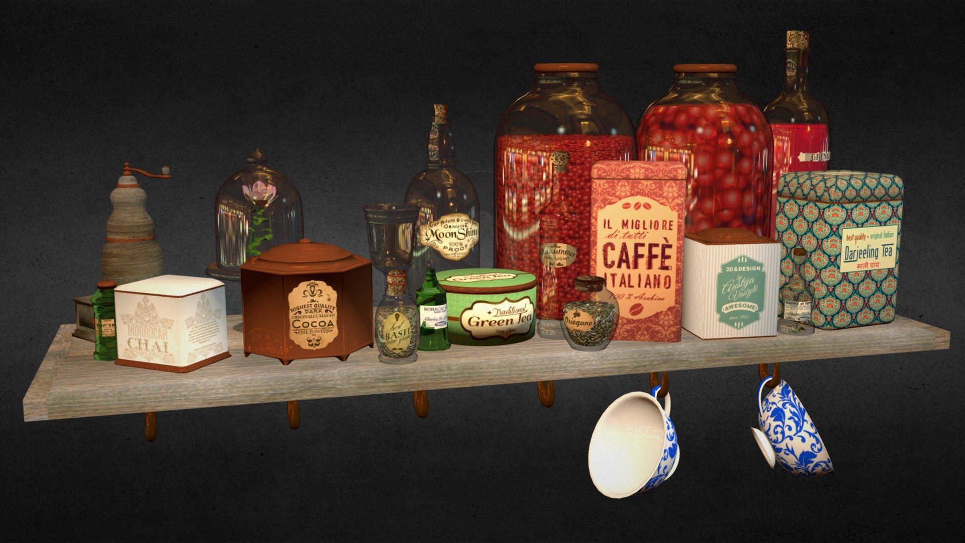 a bundle of various food products and medicines and teas all placed on a shelf. Intended to be used in a project making a pantry 3d model