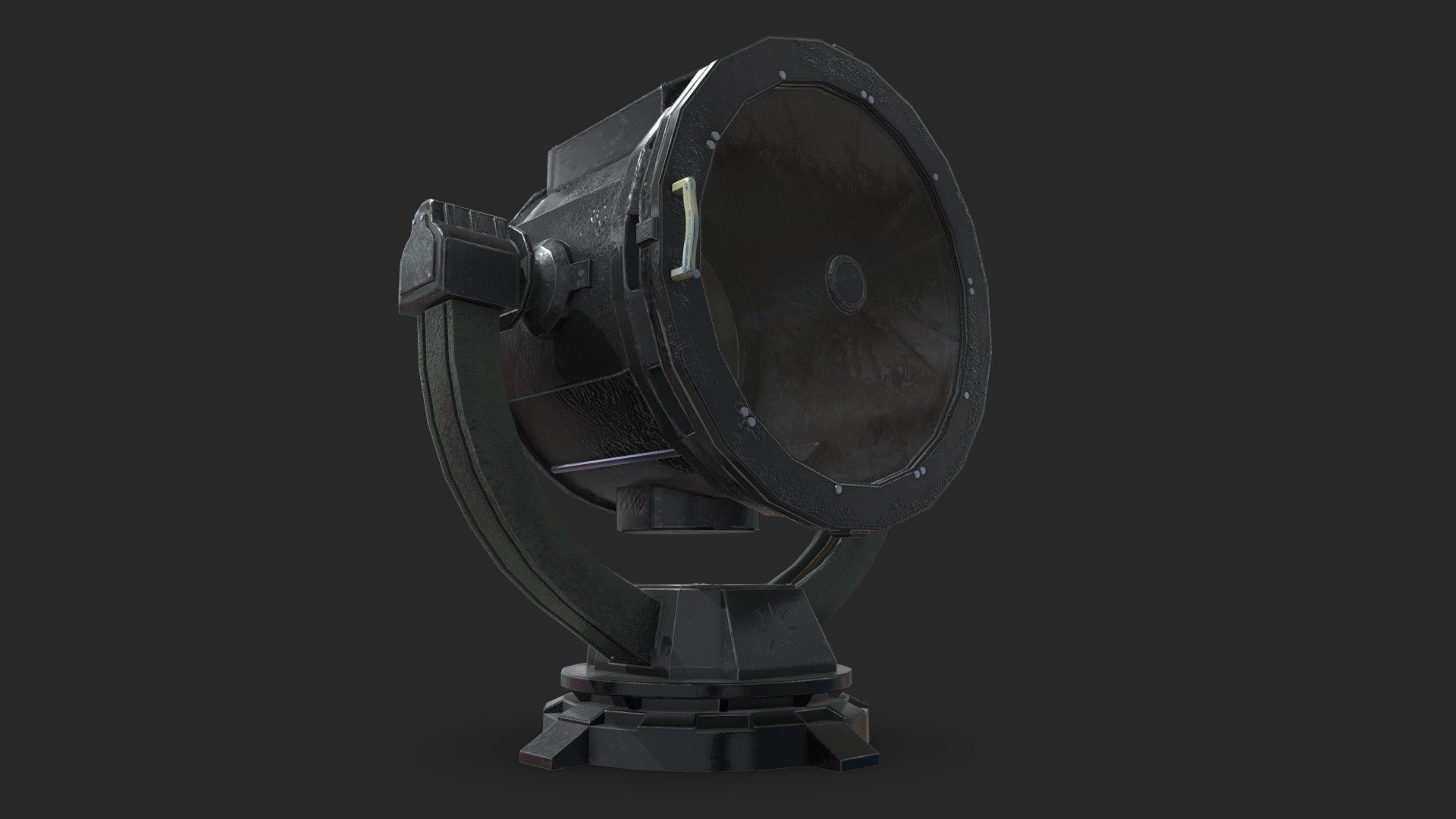 Rendered Searchlight design, loosly based from WW2 era searchhlight Imagery. I used a workflow of Autodesk Maya to Substance Painter to complete this piece, allowing me to re-evaluate my skillset for future applications along with a greater understanding of material manufacturing. The final design will be rendered within an external engine 3d model