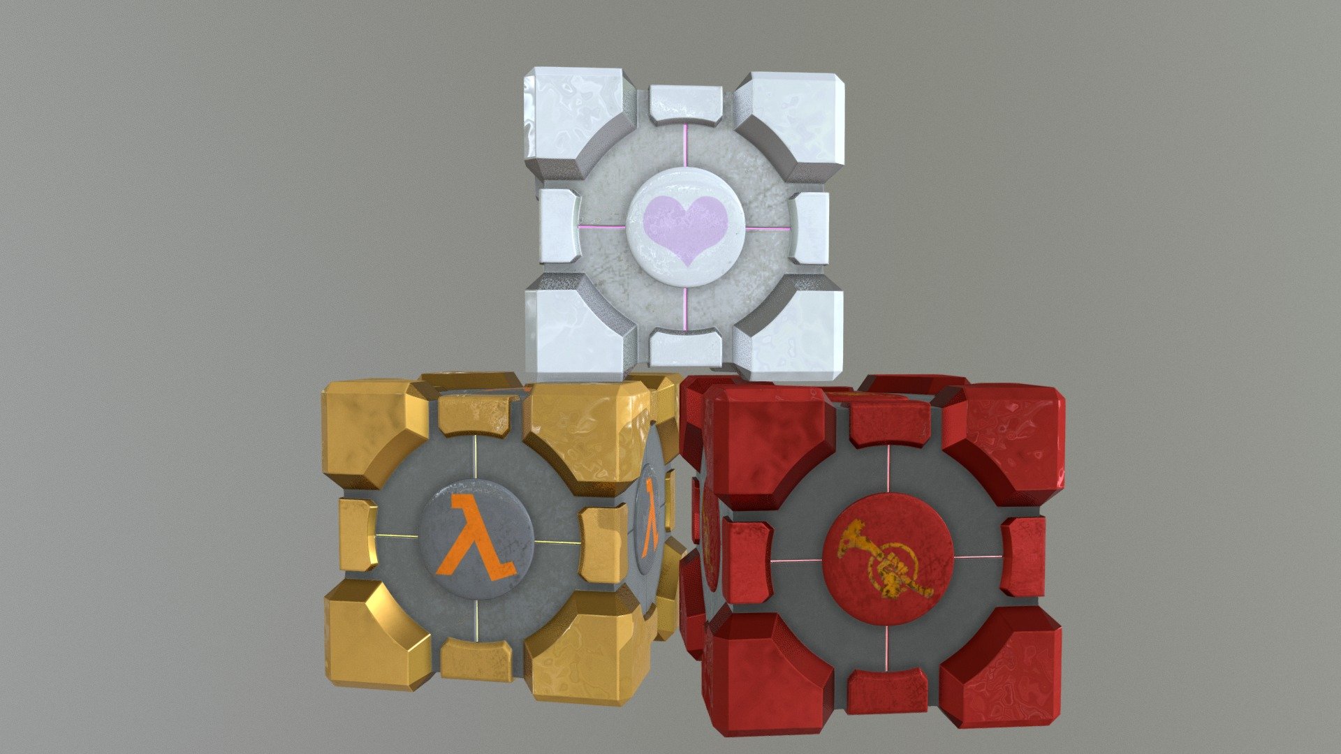 Some fan art for some of the best games I’ve played. Not exactly indie games, so I’m sure most can pick out which games these are but for clarification Top: Portal, Bot Left: Half life, Bot Right: Red Faction.

Specifics
Samples: 125
Render time: 8 minutes
Software: Blender 3D Version 2.78, Gimp Version 2.8

Resources and References 
•   Image of Companion cube texture.
•   Image of Lambda symbol from Pixabay  - https://pixabay.com/en/lambda-orange-greek-mathematics-39473/
•   Image of Red Faction logo 3d model
