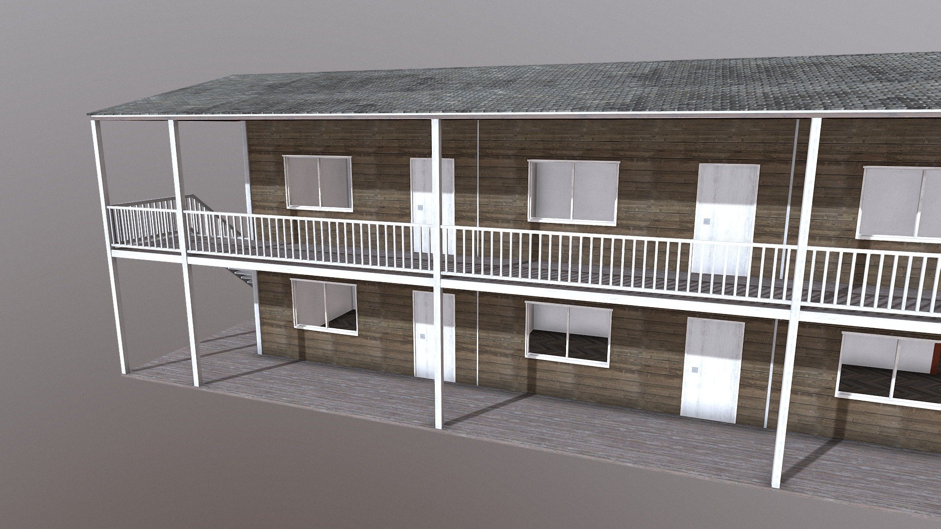 A large Motel with a rustic exterior.The exterior has a weathered wood texture on the exterior walls, stairs, railings, windows and roof as well as smaller details such as pipes and drains. Doors are modeled separately so you can move and pivot them easily.Works great in any modern game engines and for rendering purposes.

Available in: dae ,fbx ,3ds ,obj ,mtl.

Textures for the motel are 4096x4096 resolution:


Diffuse
Normal map
Ambient Occlusion

For any help or inquiries please message me directly onSketchfab or on my email: howardcoates95@gmail.com - Motel - Buy Royalty Free 3D model by HowardCoates 3d model